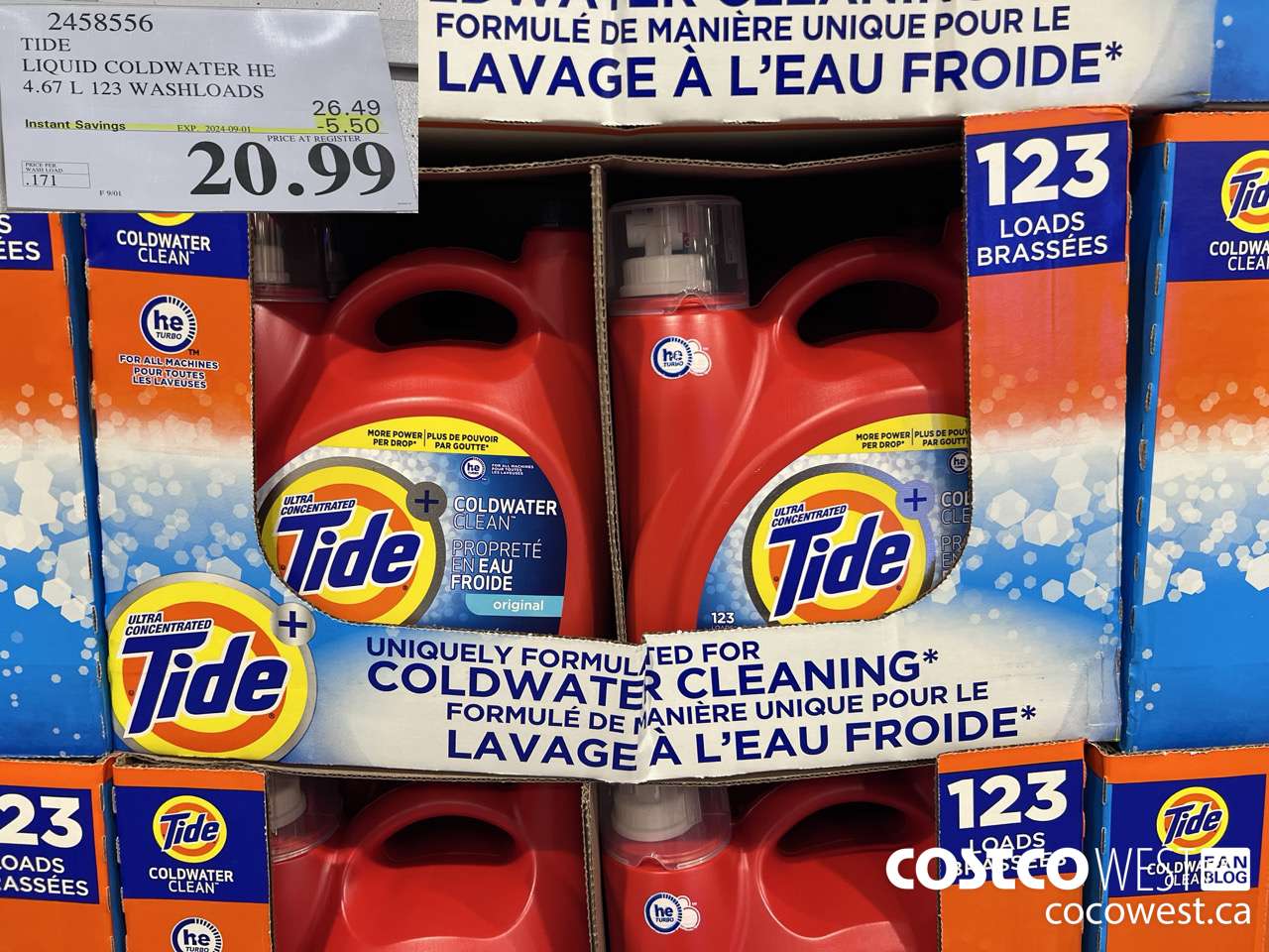 2458556 TIDE LIQUID COLDWATER HE 4.67 L 123 WASHLOADS ($5.50 INSTANT SAVINGS EXPIRES ON 2024-09-01) $20.99