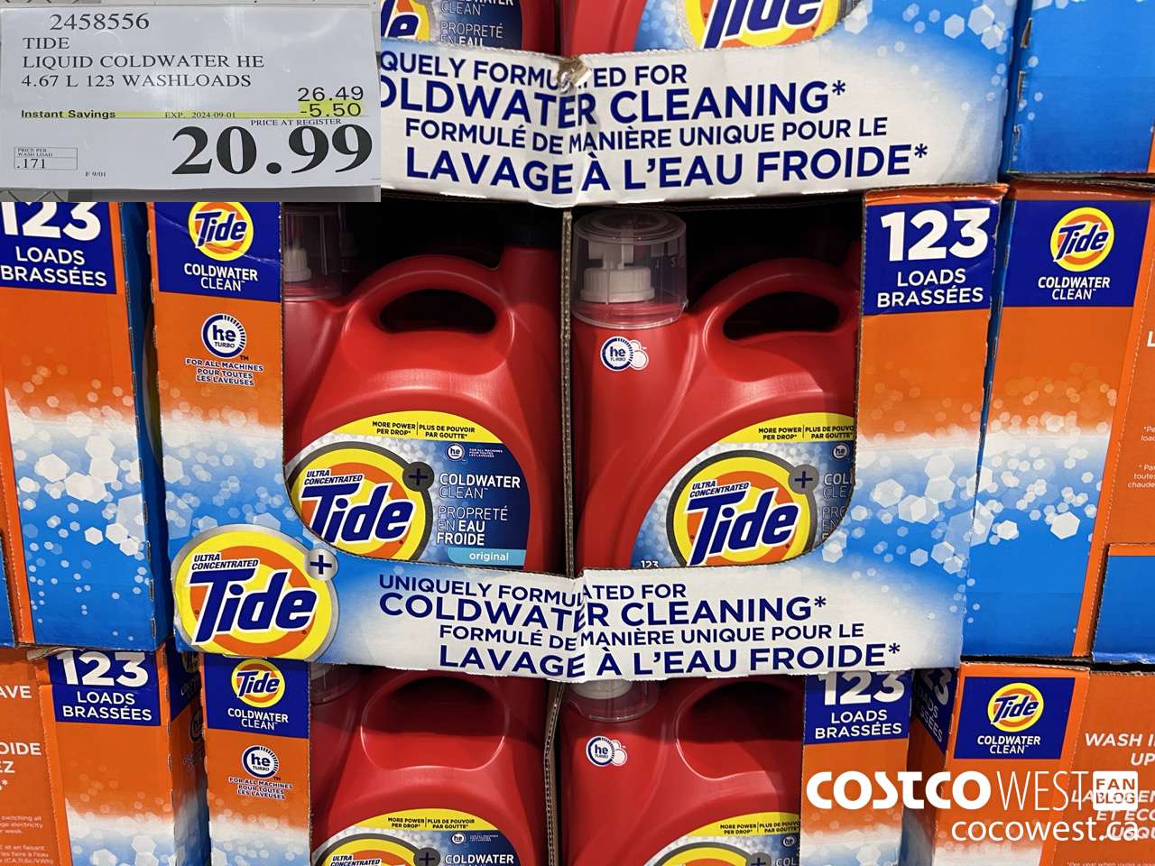 2458556 TIDE LIQUID COLDWATER HE 4.67 L 123 WASHLOADS ($5.50 INSTANT SAVINGS EXPIRES ON 2024-09-01) $20.99
