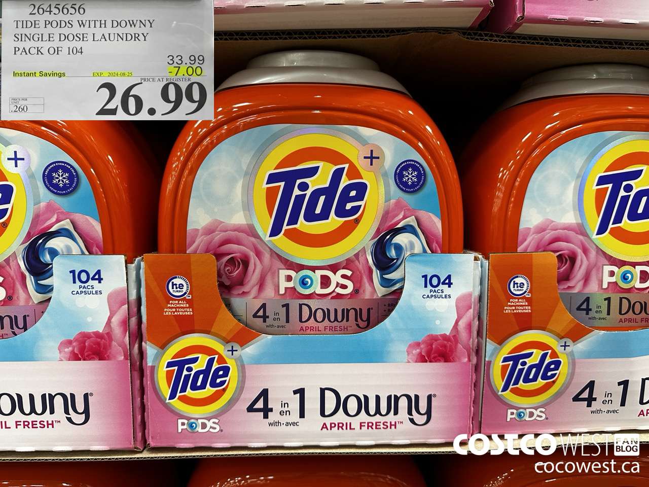 2645656 TIDE PODS WITH DOWNY SINGLE DOSE LAUNDRY PACK OF 104 ($7.00 INSTANT SAVINGS EXPIRES ON 2024-08-25) $26.99