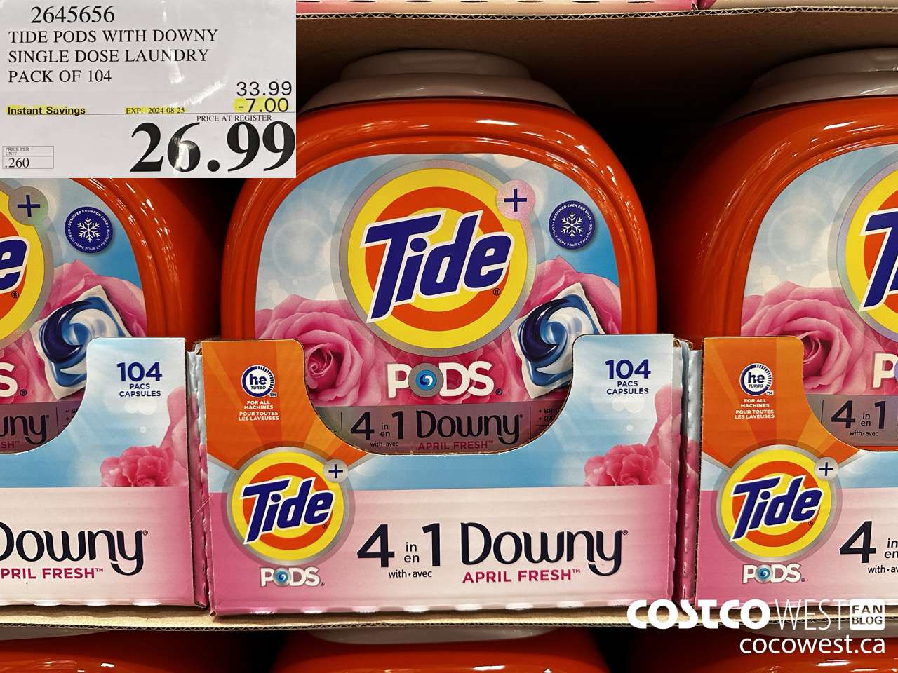 2645656 TIDE PODS WITH DOWNY SINGLE DOSE LAUNDRY PACK OF 104 ($7.00 INSTANT SAVINGS EXPIRES ON 2024-08-25) $26.99