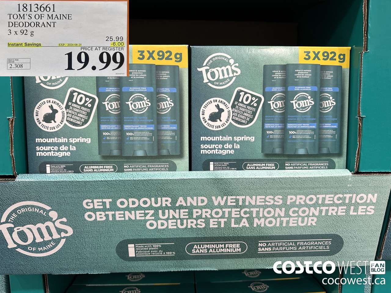 1813661 TOM'S OF MAINE DEODORANT 3 X 92G ($6.00 INSTANT SAVINGS EXPIRES ON 2024-08-25) $19.99