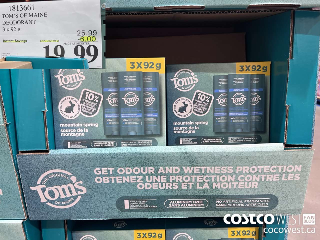 1813661 TOM'S OF MAINE DEODORANT 3 X 92G ($6.00 INSTANT SAVINGS EXPIRES ON 2024-08-25) $19.99