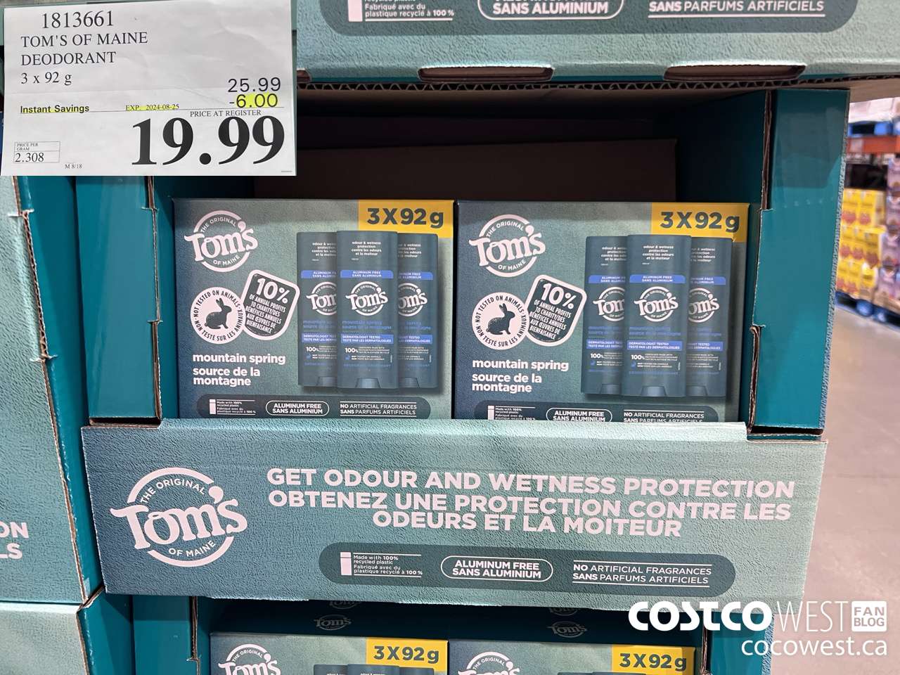 1813661 TOM'S OF MAINE DEODORANT 3 X 92G ($6.00 INSTANT SAVINGS EXPIRES ON 2024-08-25) $19.99