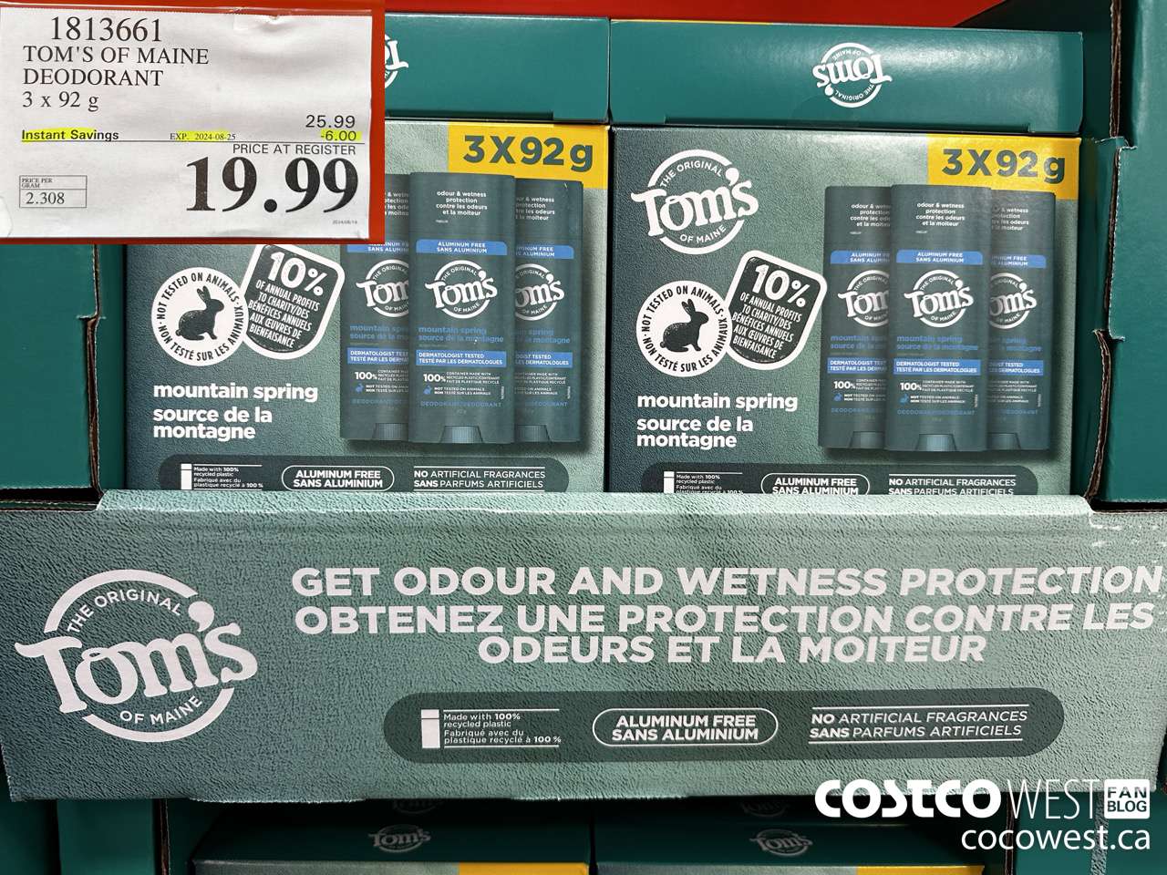 1813661 TOM'S OF MAINE DEODORANT 3 X 92G ($6.00 INSTANT SAVINGS EXPIRES ON 2024-08-25) $19.99