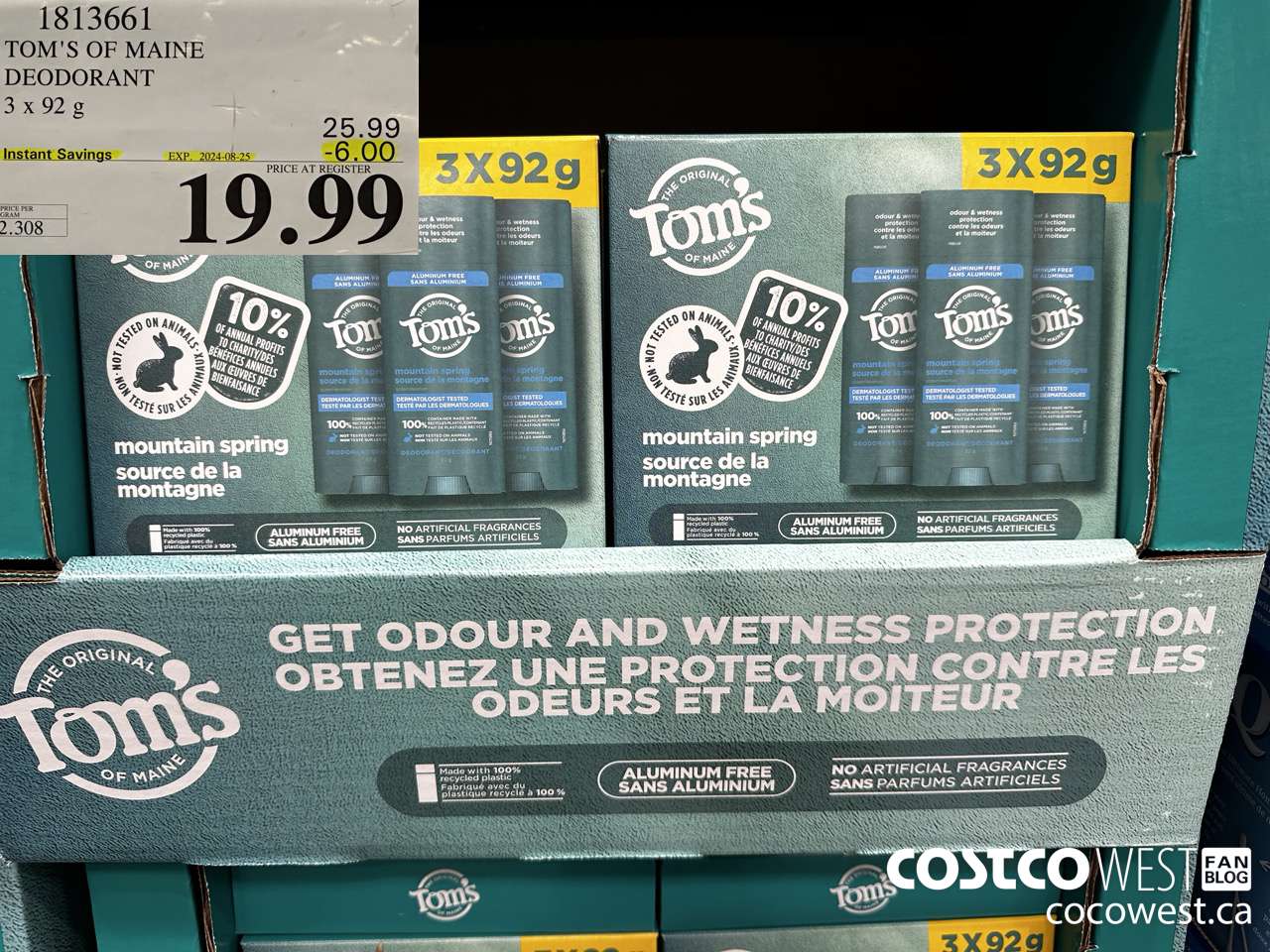 1813661 TOM'S OF MAINE DEODORANT 3 X 92G ($6.00 INSTANT SAVINGS EXPIRES ON 2024-08-25) $19.99