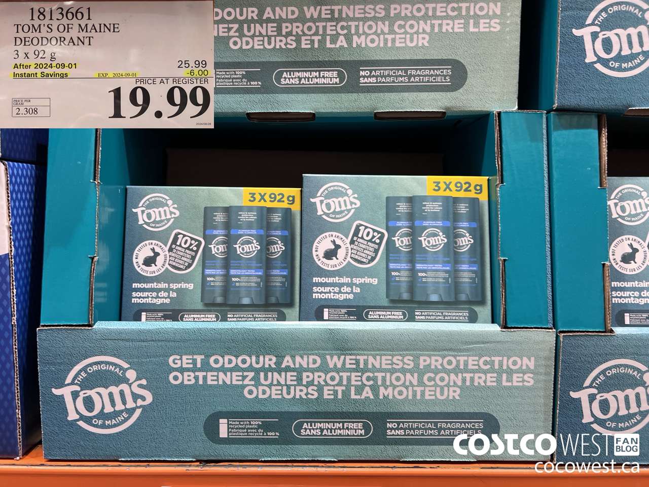 1813661 TOM'S OF MAINE DEODORANT 3 X 92G ($6.00 INSTANT SAVINGS EXPIRES ON 2024-09-01) $19.99