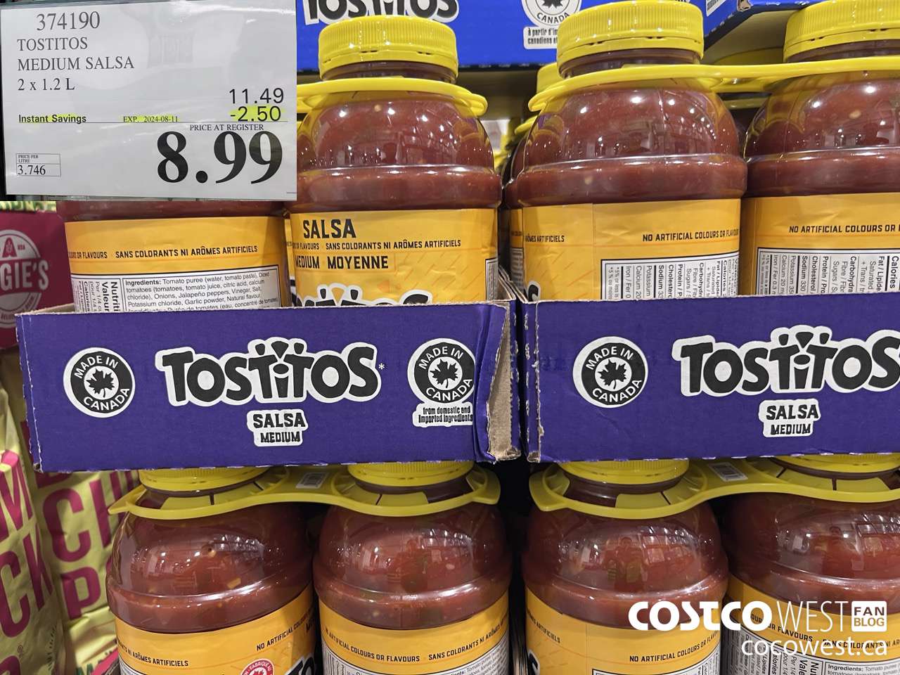 374190 TOSTITOS MEDIUM SALSA 2 X 1.2 L ($2.50 INSTANT SAVINGS EXPIRES ON 2024-08-11) $8.99