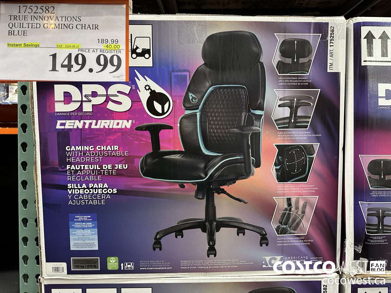 1752582 TRUE INNOVATIONS QUILTED GAMING CHAIR BLUE ($40.00 INSTANT SAVINGS EXPIRES ON 2024-08-25) $149.99