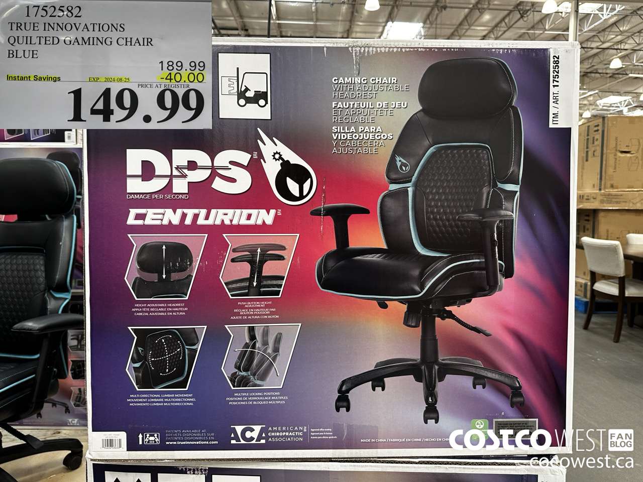 1752582 TRUE INNOVATIONS QUILTED GAMING CHAIR BLUE ($40.00 INSTANT SAVINGS EXPIRES ON 2024-08-25) $149.99