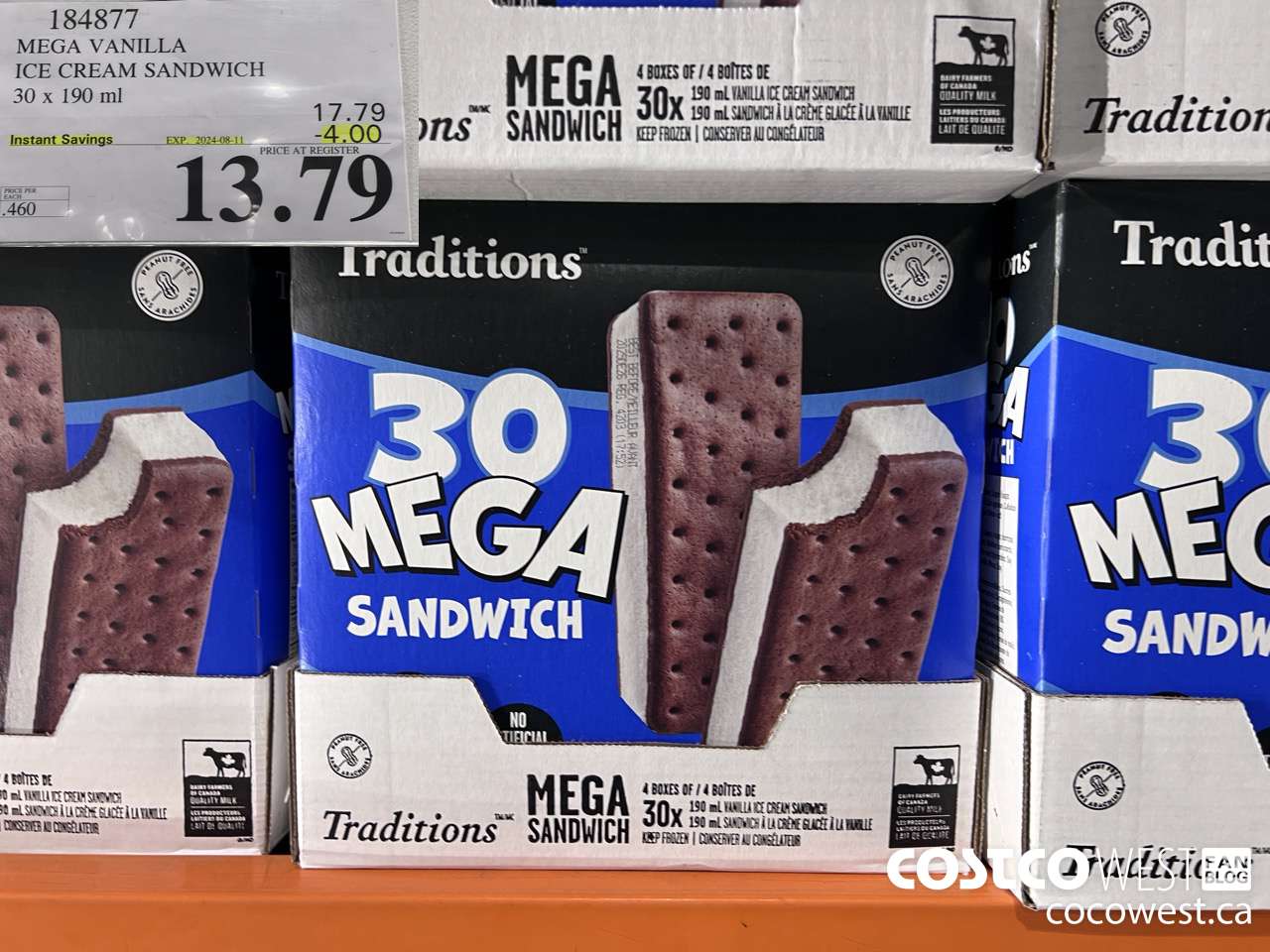 184877 VANILLA MEGA ICE CREAM SANDWICH 30 X 190 ML ($4.00 INSTANT SAVINGS EXPIRES ON 2024-08-11) $13.79