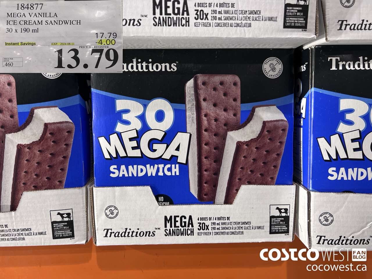184877 VANILLA MEGA ICE CREAM SANDWICH 30 X 190 ML ($4.00 INSTANT SAVINGS EXPIRES ON 2024-08-11) $13.79