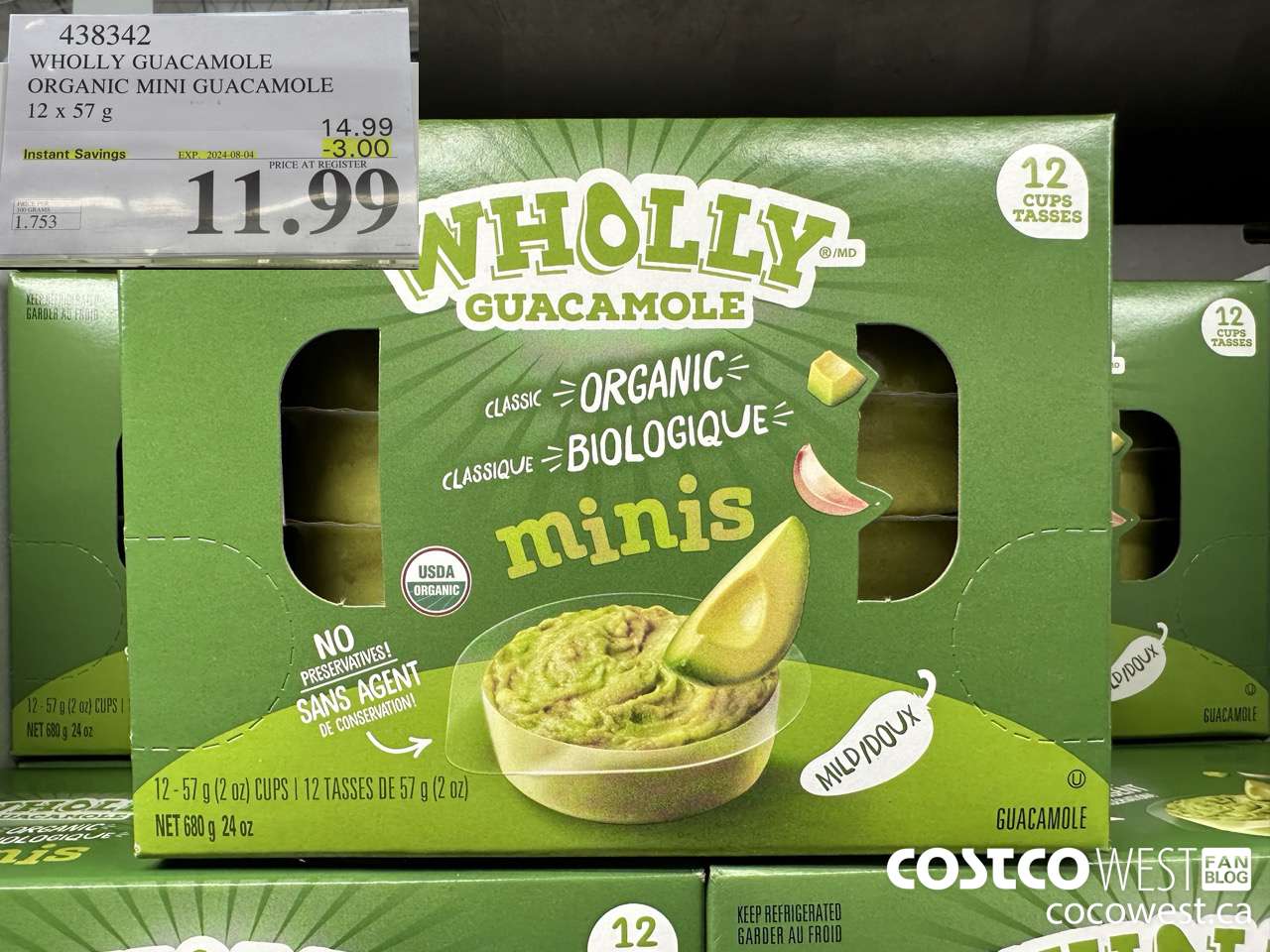 438342 WHOLLY GUACAMOLE ORGANIC MINI GUACAMOLE 12 x 57 g ($3.00 INSTANT SAVINGS EXPIRES ON 2024-08-04) $11.99