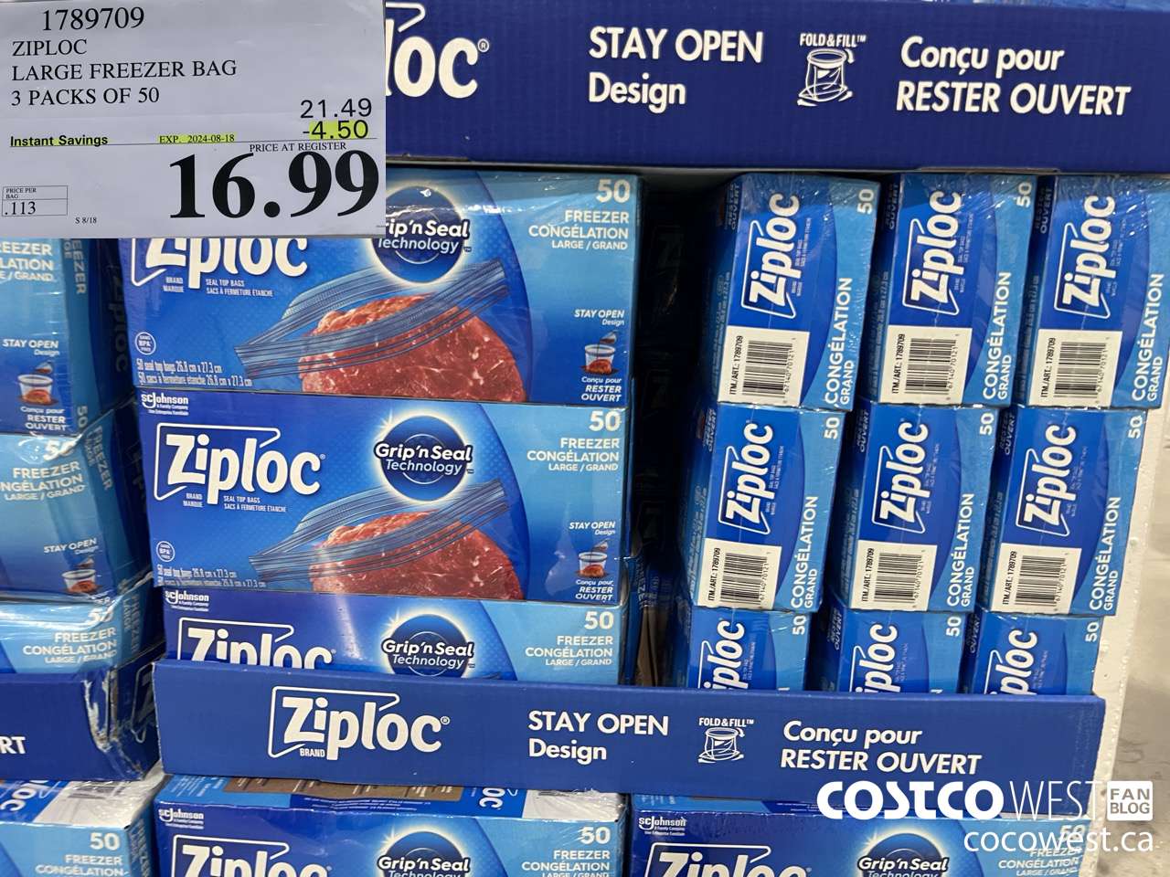 789709 ZIPLOCK LARGE FREEZER BAG 3 X 40 ($4.50 INSTANT SAVINGS EXPIRES ON 2024-08-18) $16.99