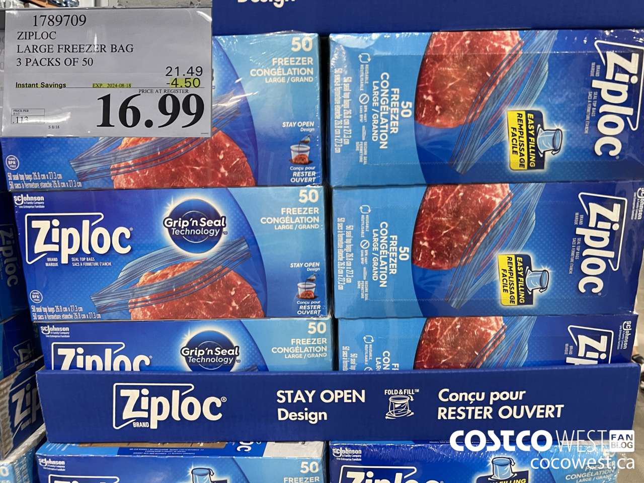1789709 ZIPLOC LARGE FREEZER BAG 3 X 50 ($4.50 INSTANT SAVINGS EXPIRES ON 2024-08-18) $16.99