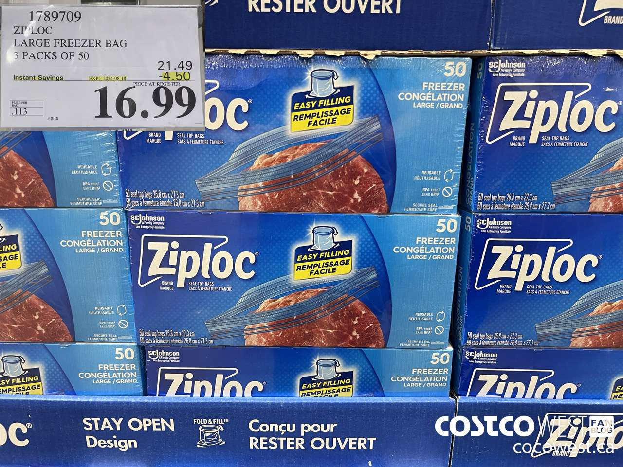 1789709 ZIPLOC LARGE FREEZER BAG 3 X 50 ($4.50 INSTANT SAVINGS EXPIRES ON 2024-08-18) $16.99