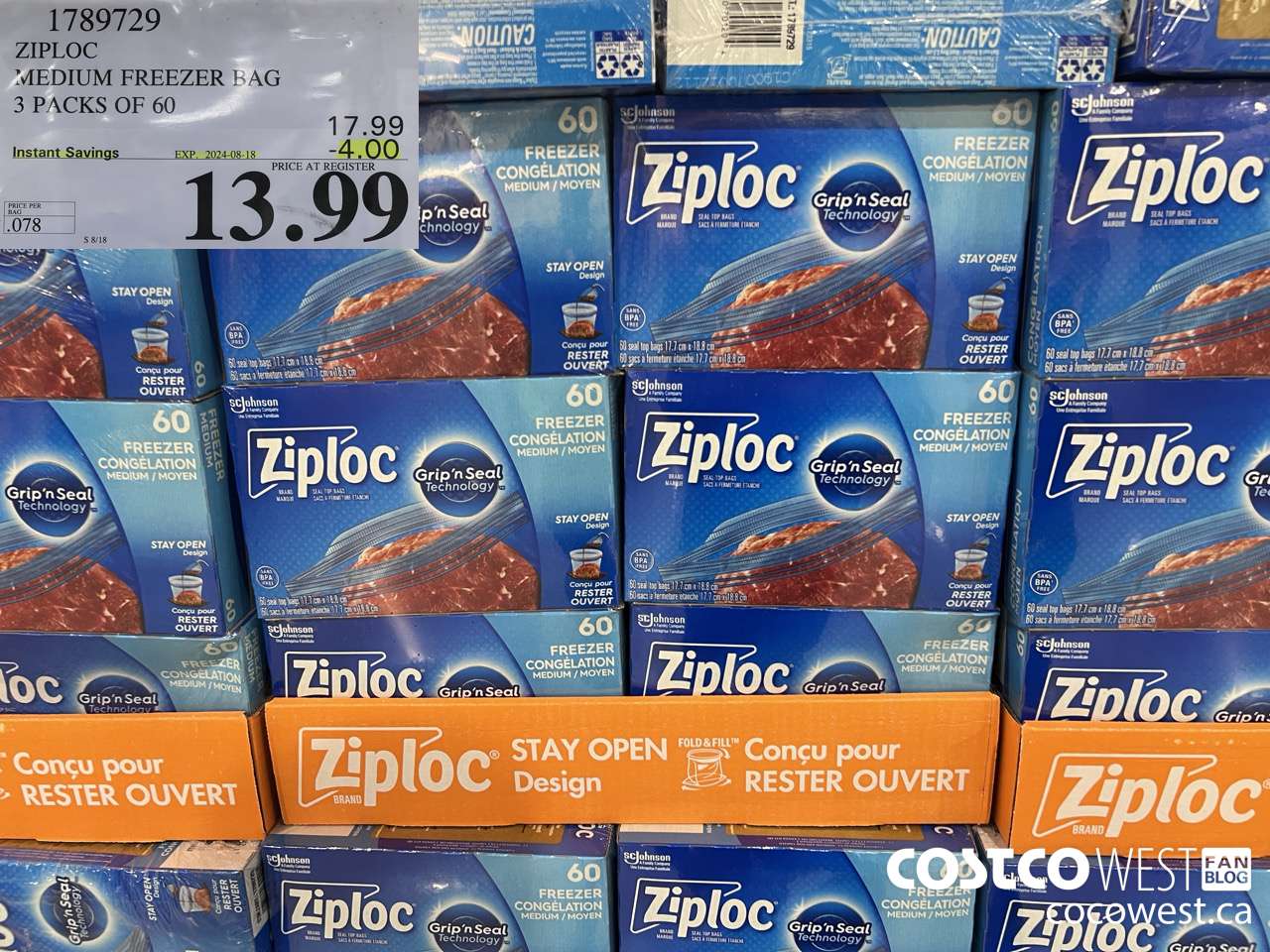 1789729 ZIPLOC MEDIUM FREEZER BAG 3 x 60 ($4.00 INSTANT SAVINGS EXPIRES ON 2024-08-18) $13.99