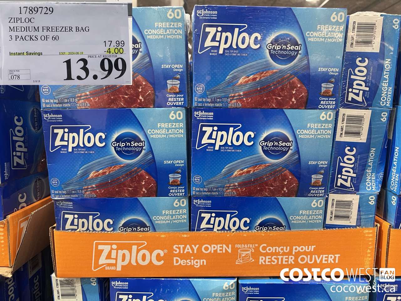 1789729 ZIPLOC MEDIUM FREEZER BAG 3 x 60 ($4.00 INSTANT SAVINGS EXPIRES ON 2024-08-18) $13.99
