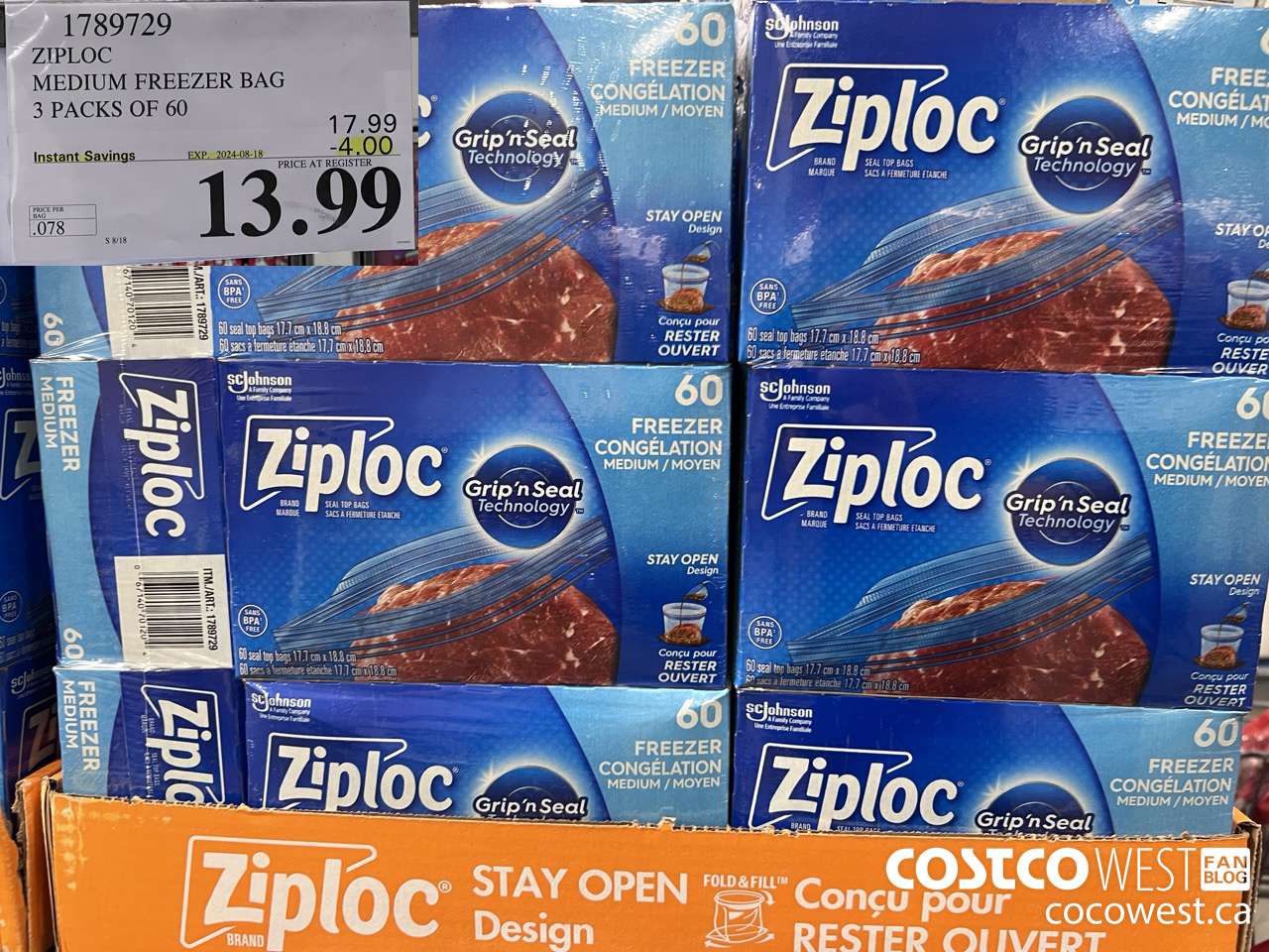 1789729 ZIPLOC MEDIUM FREEZER BAG 3 x 60 ($4.00 INSTANT SAVINGS EXPIRES ON 2024-08-18) $13.99