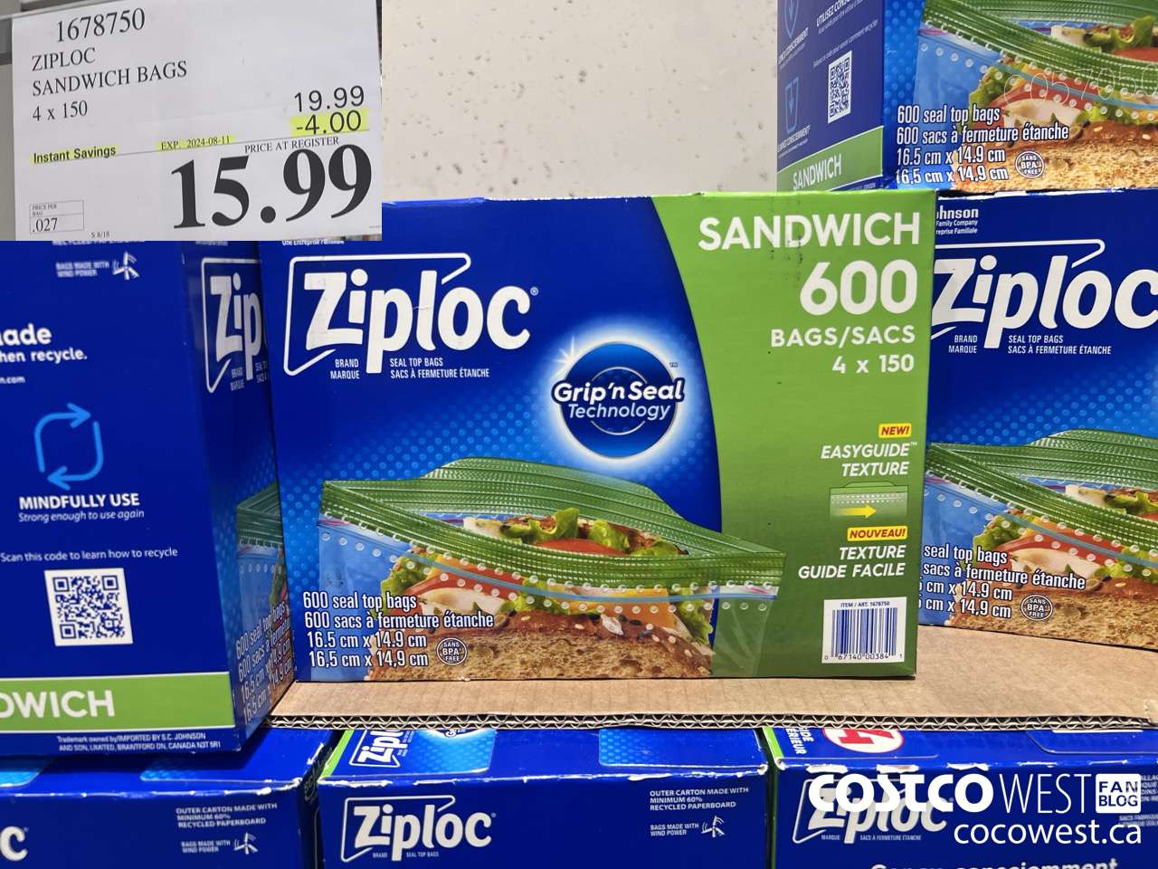 1678750 ZIPLOC SANDWICH BAGS 4 X 150 ($4.00 INSTANT SAVINGS EXPIRES ON 2024-08-11) $15.99