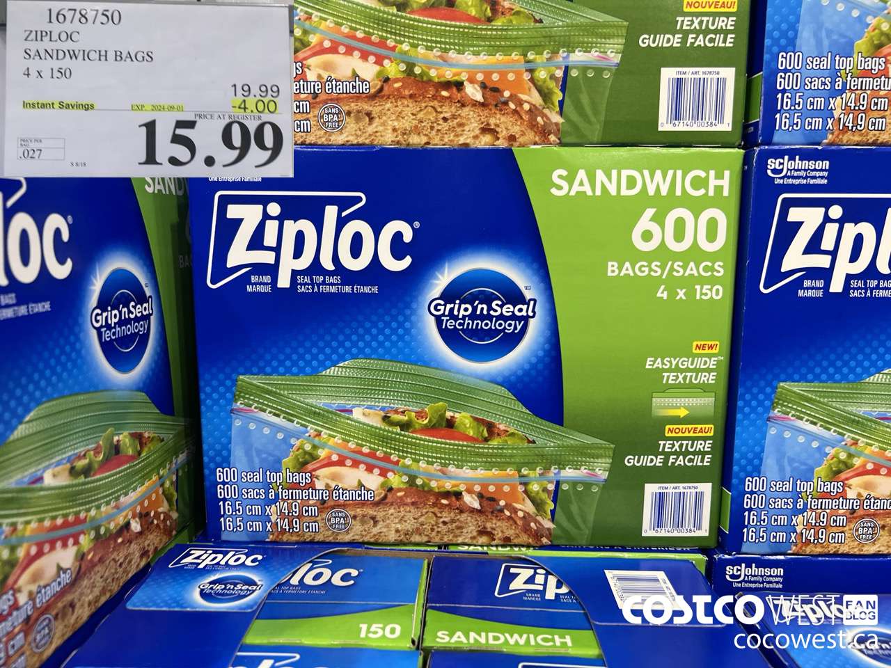 1678750 ZIPLOC SANDWICH BAGS 4 X 150 ($4.00 INSTANT SAVINGS EXPIRES ON 2024-09-01) $15.99