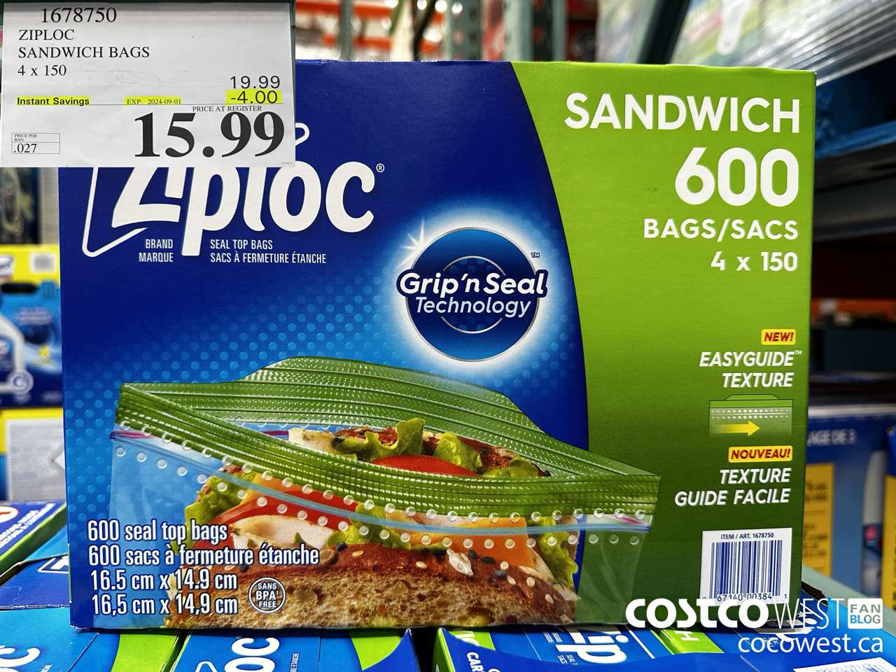 1678750 ZIPLOC SANDWICH BAGS 4 X 150 ($4.00 INSTANT SAVINGS EXPIRES ON 2024-09-01) $15.99
