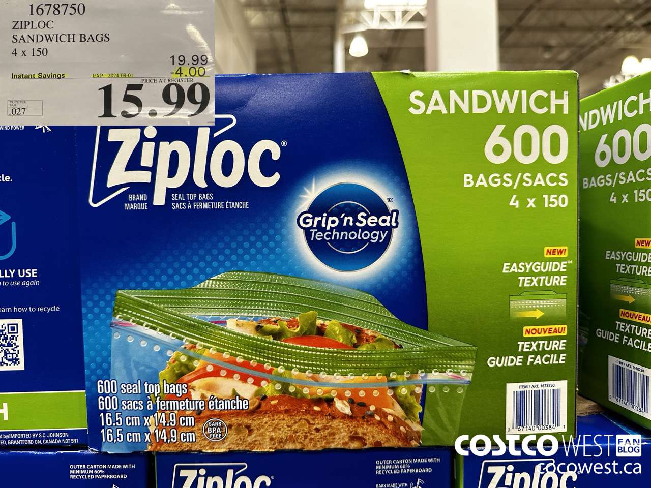 1678750 ZIPLOC SANDWICH BAGS 4 X 150 ($4.00 INSTANT SAVINGS EXPIRES ON 2024-09-01) $15.99