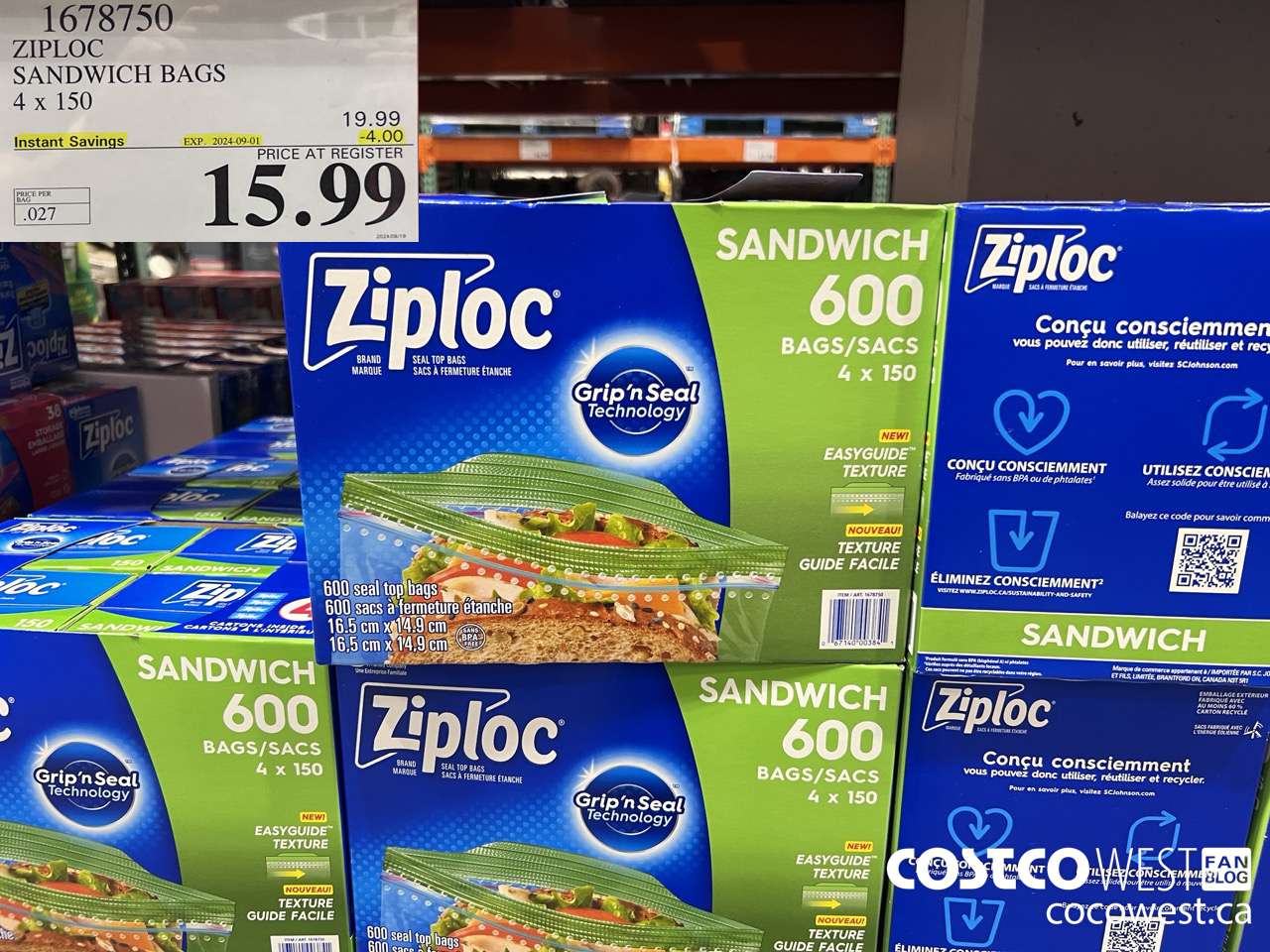 1678750 ZIPLOC SANDWICH BAGS 4 X 150 ($4.00 INSTANT SAVINGS EXPIRES ON 2024-09-01) $15.99