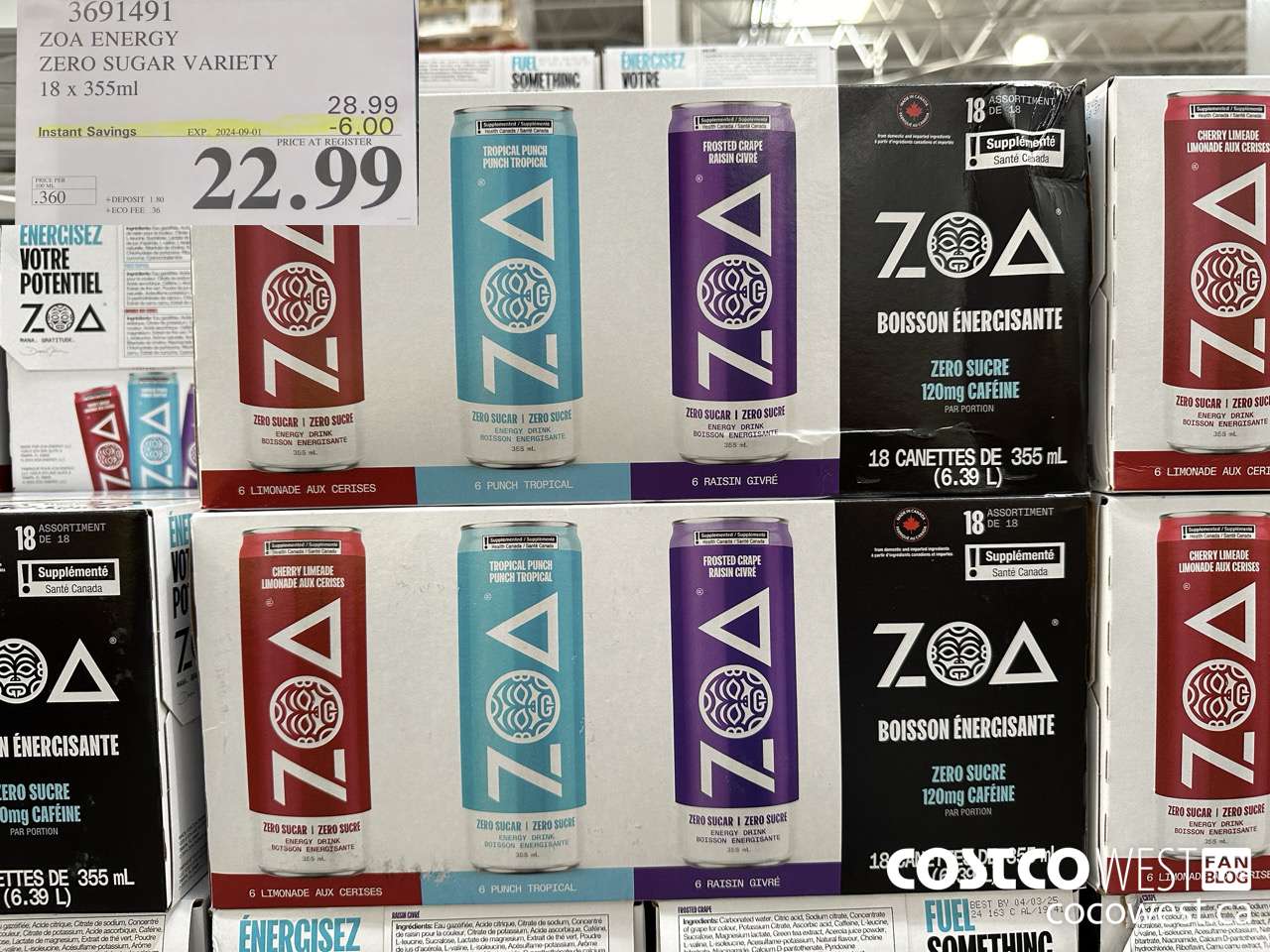 3691491 ZOA ENERGY ZERO SUGAR VARIETY 18 X 355ML ($6.00 INSTANT SAVINGS EXPIRES ON 2024-09-01) $22.99