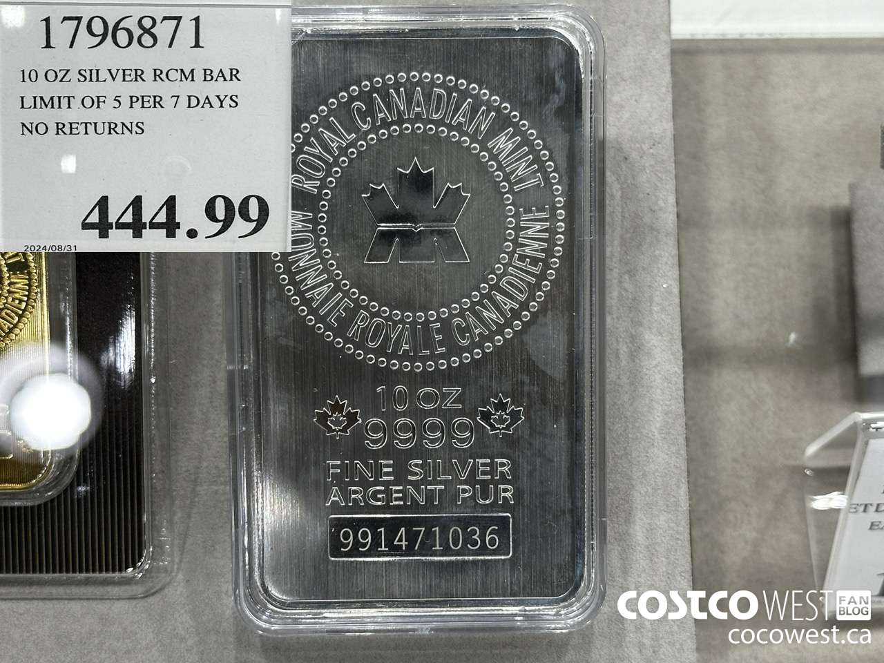 1796871 10 OZ SILVER RCM BAR LIMIT OF 5 PER 7 DAYS NO RETURNS  $444.99