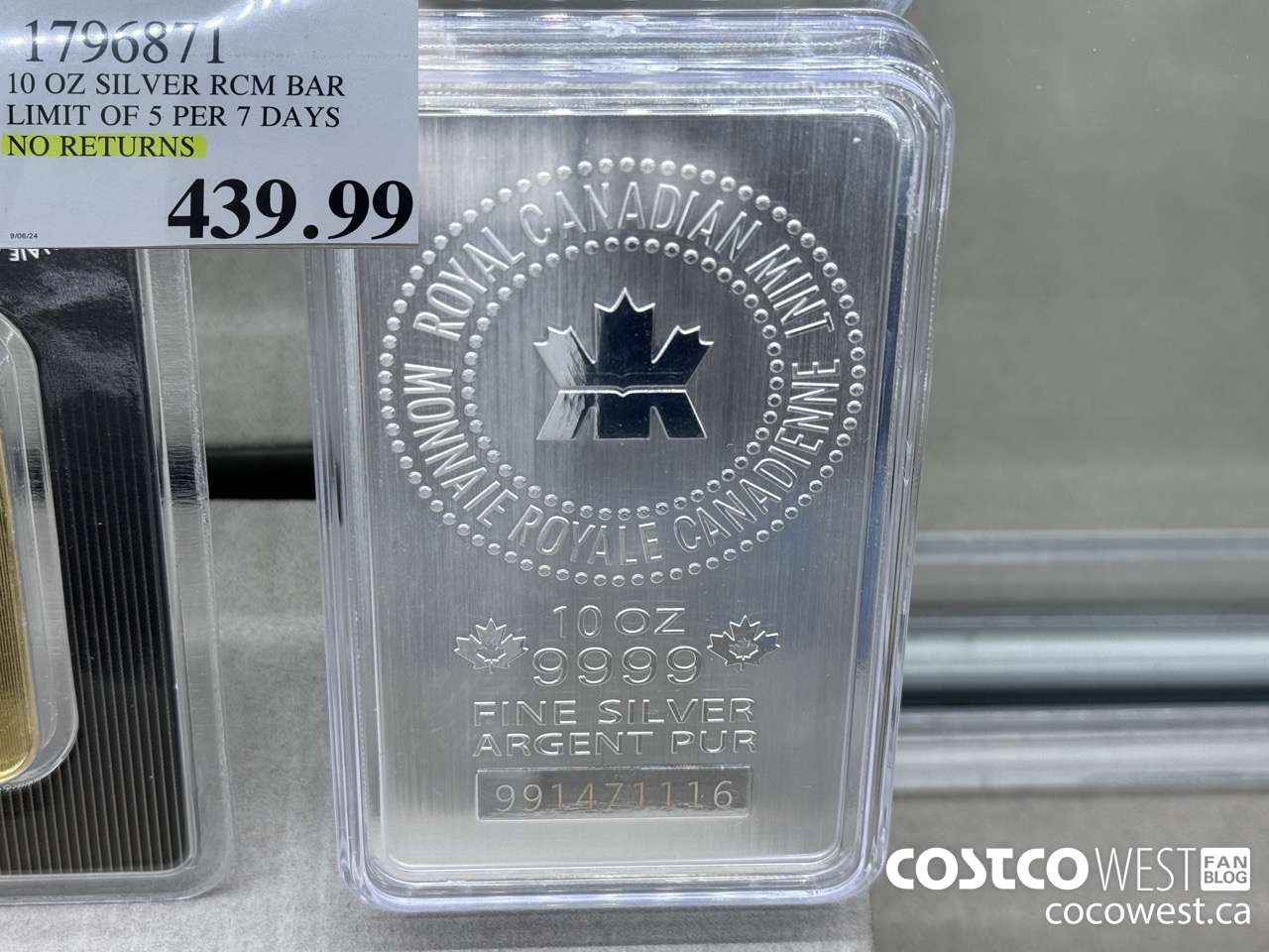 1796871 10 OZ SILVER RCM BAR LIMIT OF 5 PER 7 DAYS NO RETURNS  $439.99
