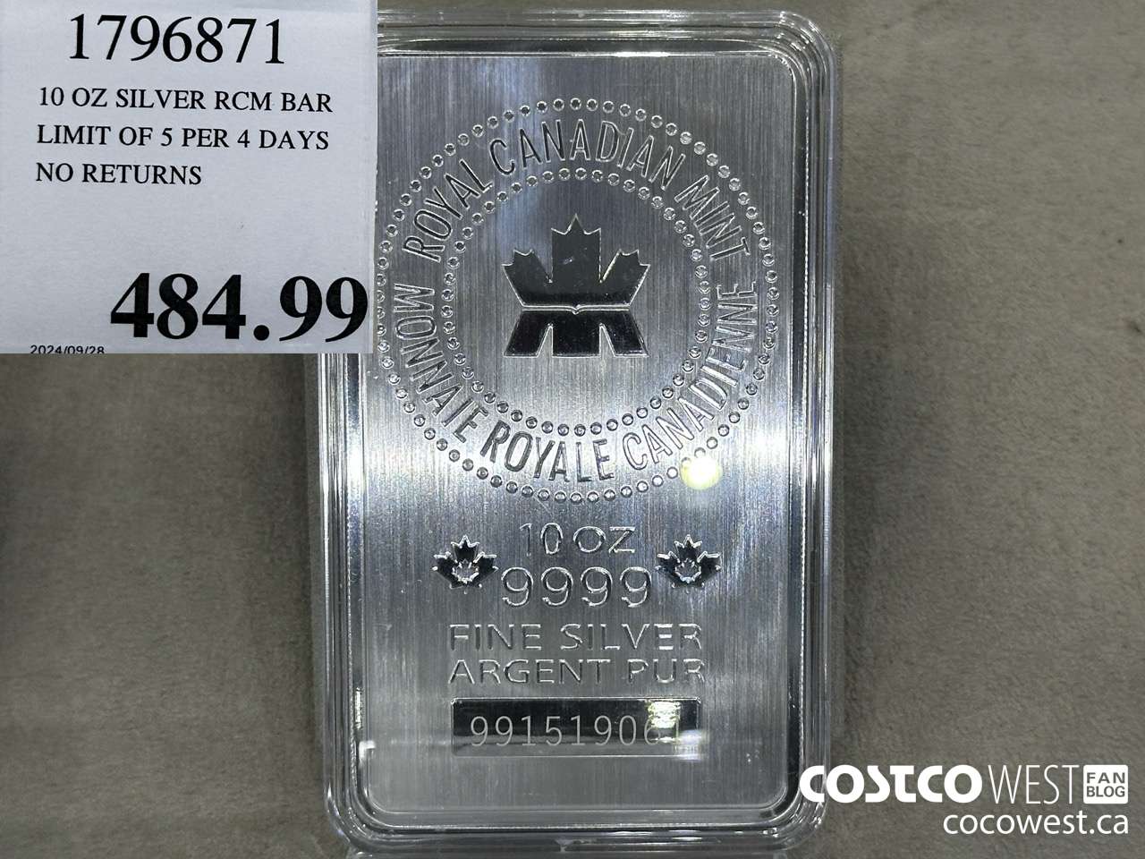 1796871 10 OZ SILVER RCM BAR LIMIT OF 5 PER 7 DAYS NO RETURNS  $484.99