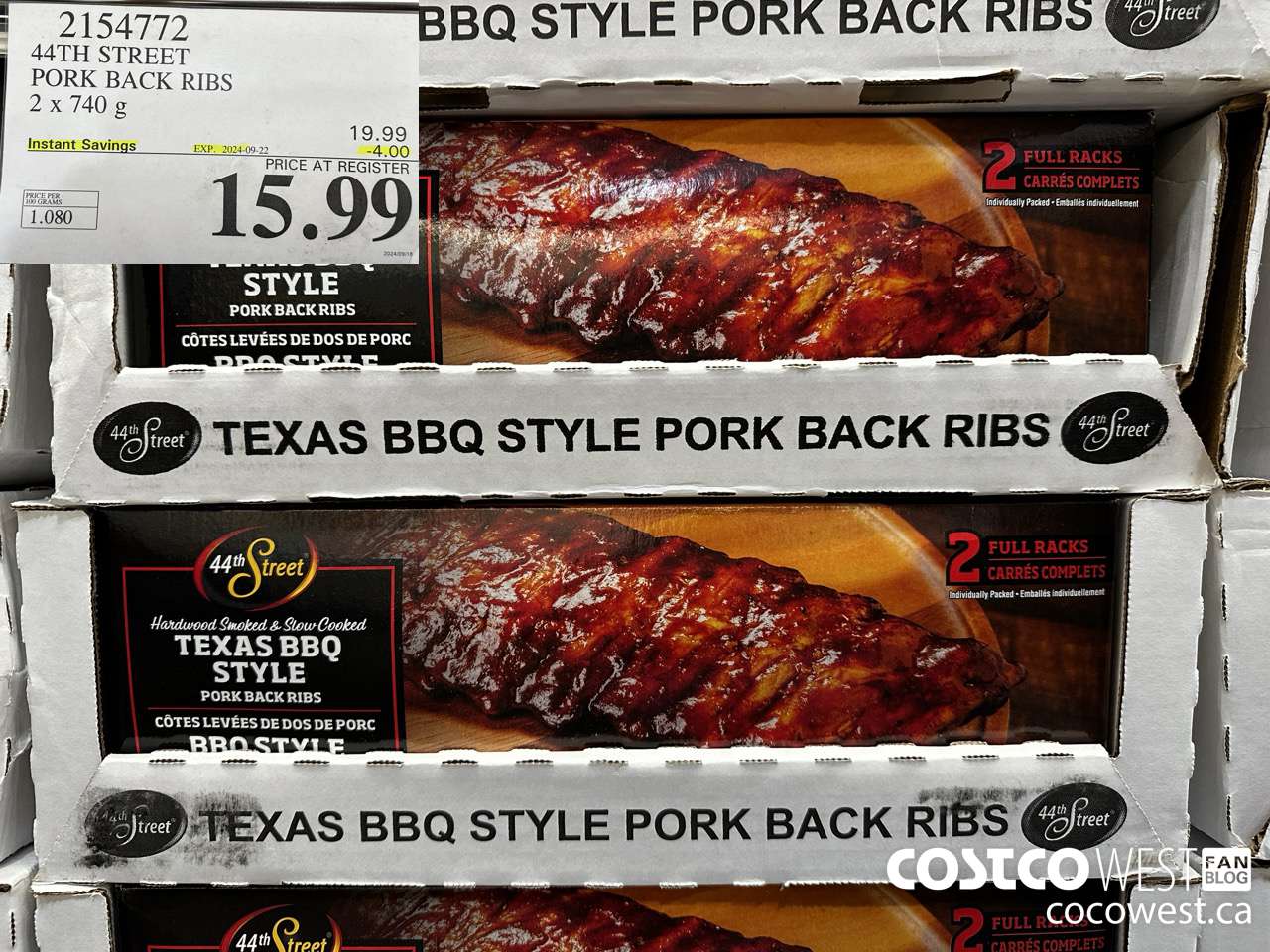 2154772 44TH STREET PORK BACK RIBS 2 X 740 G ($4.00 INSTANT SAVINGS EXPIRES ON 2024-09-22) $15.99