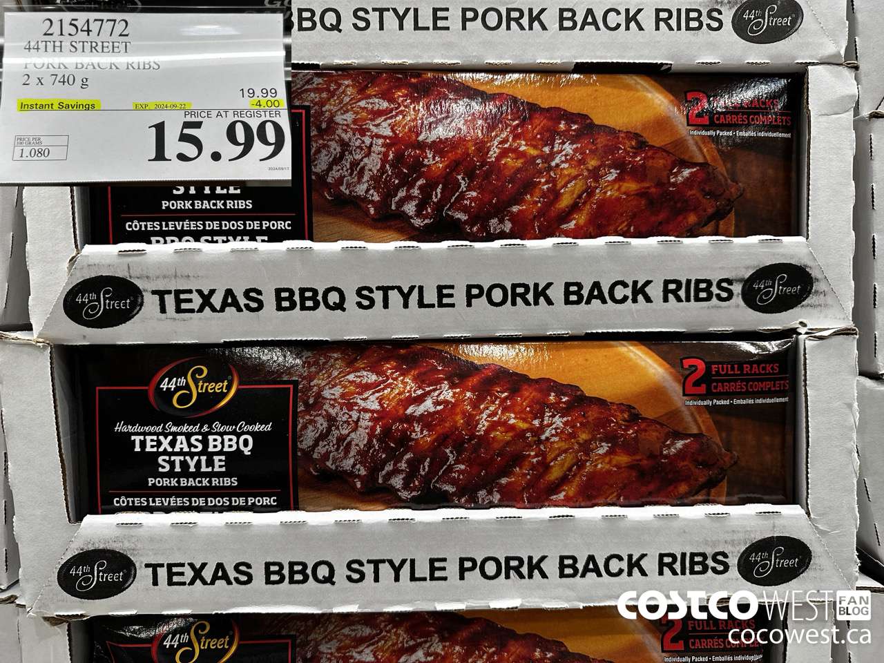 2154772 44TH STREET PORK BACK RIBS 2 X 740 G ($4.00 INSTANT SAVINGS EXPIRES ON 2024-09-22) $15.99