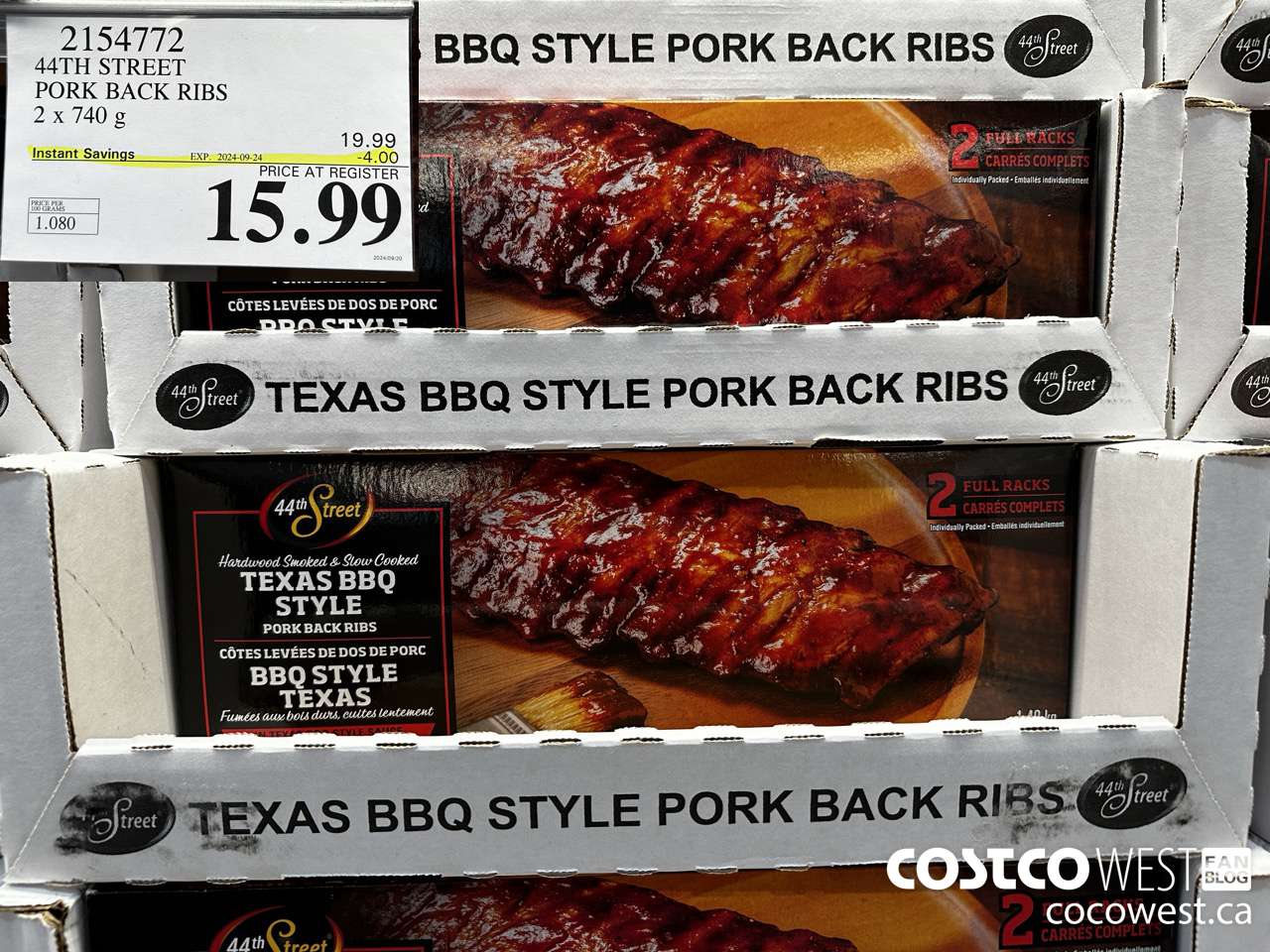 2154772 44TH STREET PORK BACK RIBS 2 X 740 G ($4.00 INSTANT SAVINGS EXPIRES ON 2024-09-24) $15.99
