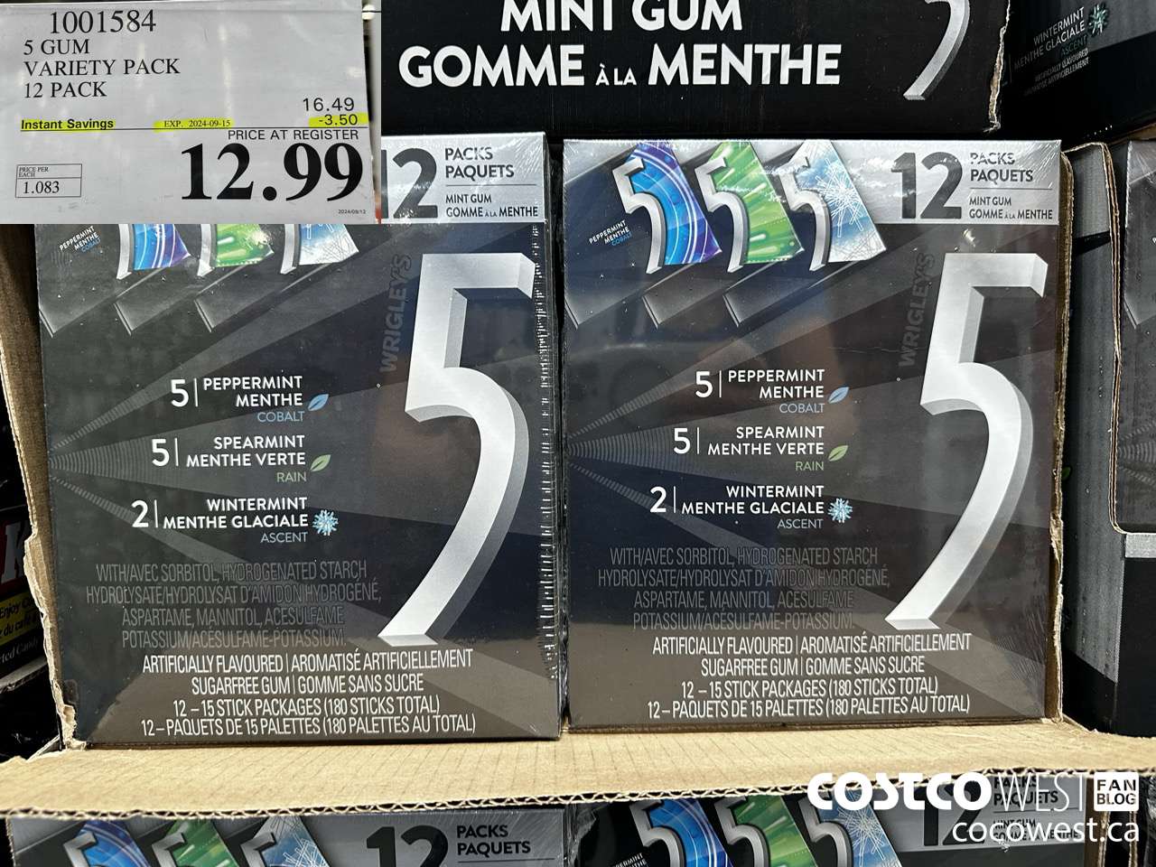 1001584 5 GUM VARIETY PACK 12 PACK ($3.50 INSTANT SAVINGS EXPIRES ON 2024-09-15) $12.99