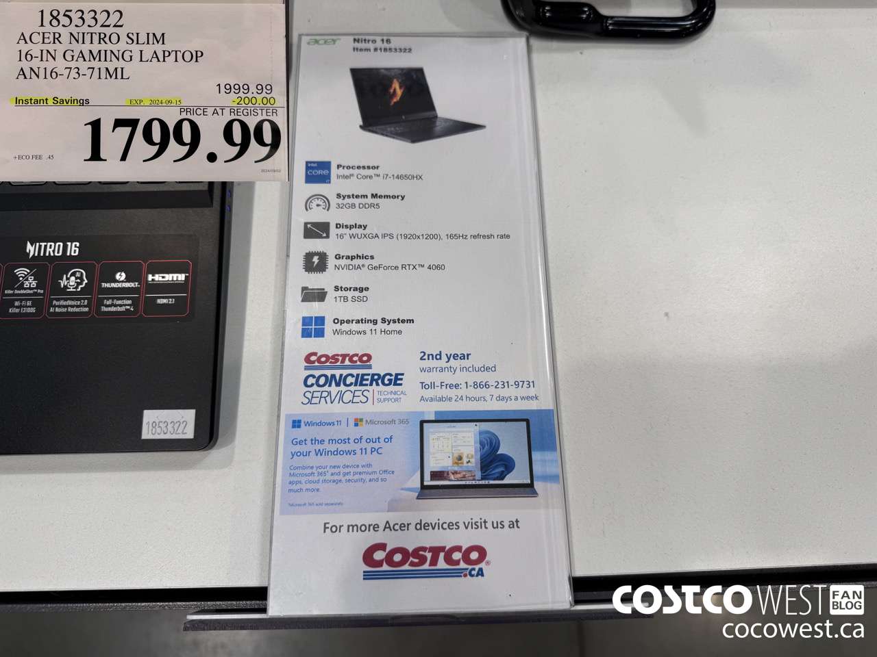 1853322 ACER NITRO SLIM 16IN GAMING LAPTOP AN16-73-71ML ($200.00 INSTANT SAVINGS EXPIRES ON 2024-09-15) $1799.99
