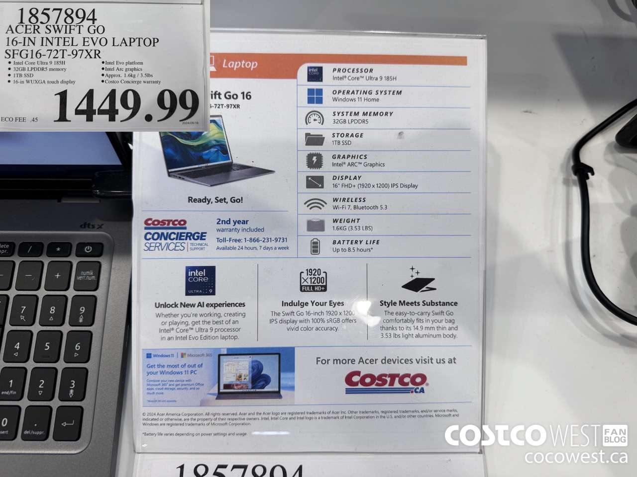 1857894 ACER SWIFT GO 16-IN INTEL EVO LAPTOP SFG16-72T-97XR $1449.99