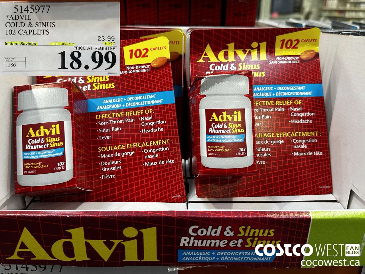 5145977 ADVIL COLD & SINUS 102 CAPLETS ($5.00 INSTANT SAVINGS EXPIRES ON 2024-09-15) $18.99