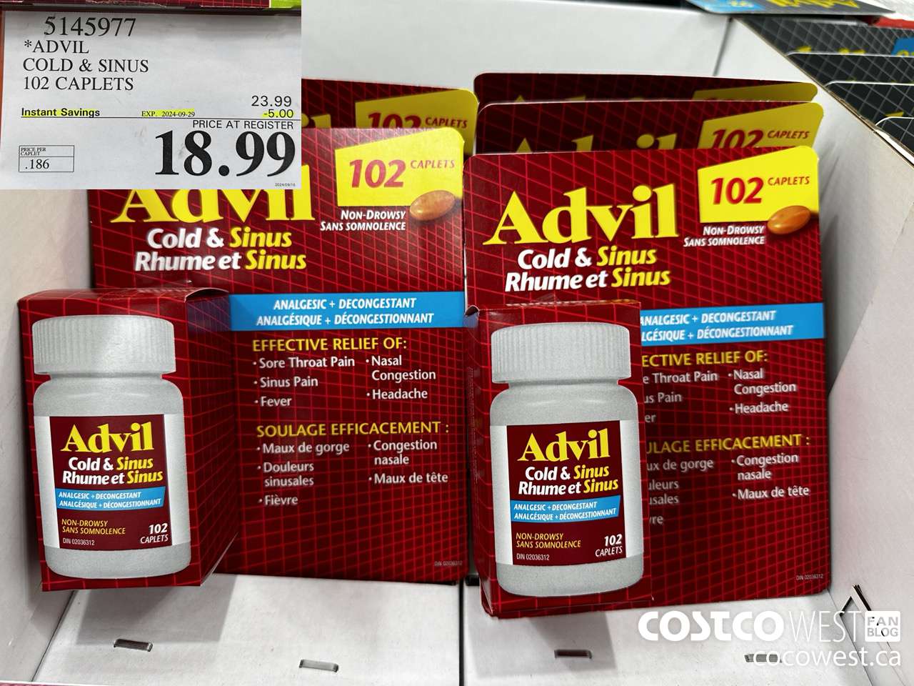 5145977 ADVIL COLD & SINUS 102 CAPLETS ($5.00 INSTANT SAVINGS EXPIRES ON 2024-09-29) $18.99