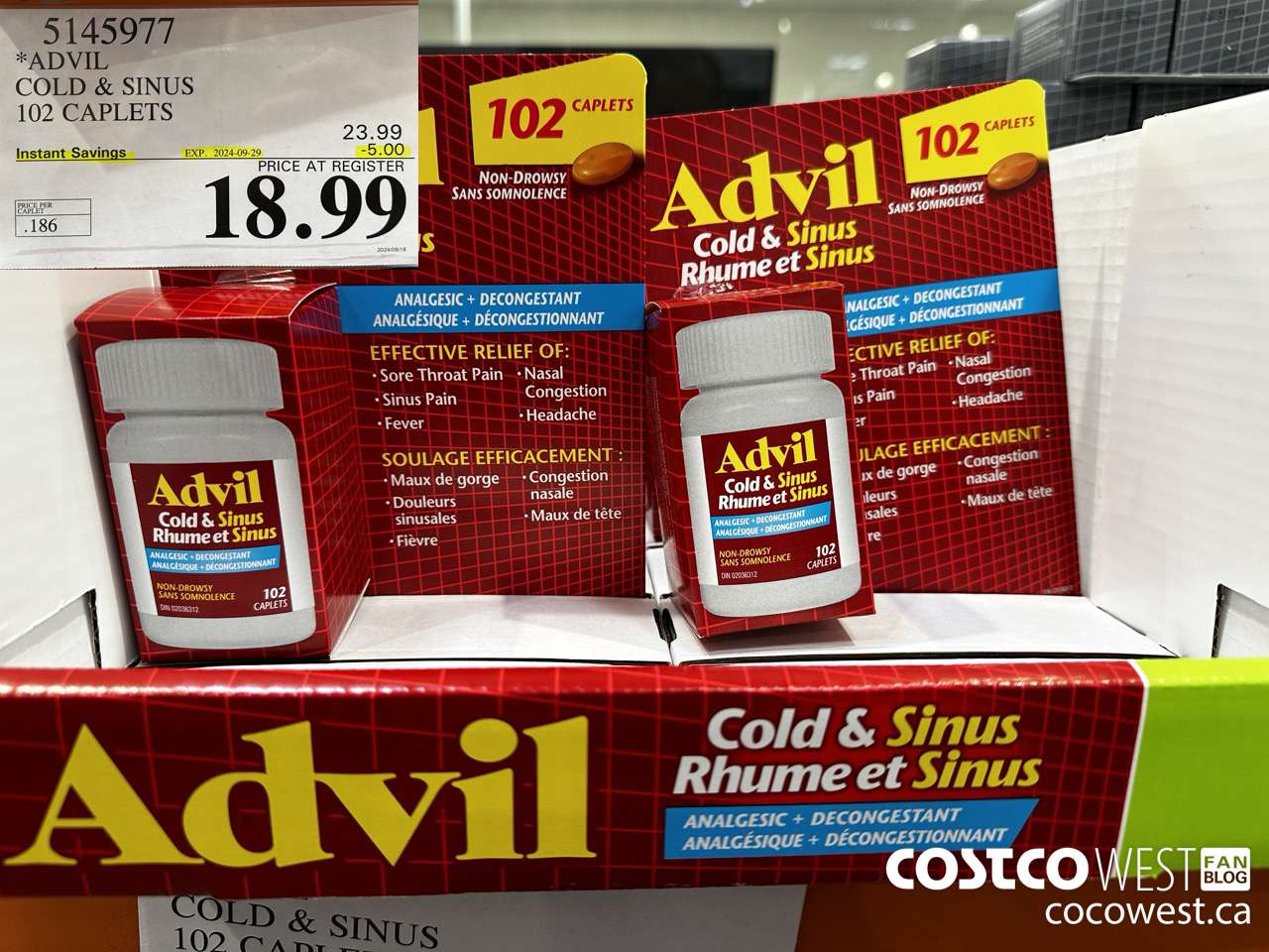 5145977 ADVIL COLD & SINUS 102 CAPLETS ($5.00 INSTANT SAVINGS EXPIRES ON 2024-09-29) $18.99