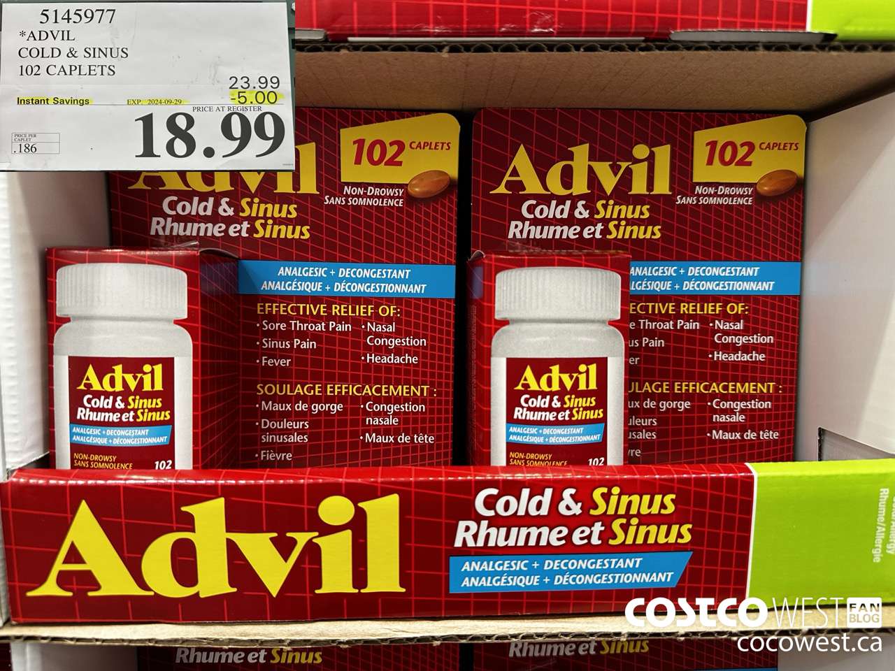 5145977 ADVIL COLD & SINUS 102 CAPLETS ($5.00 INSTANT SAVINGS EXPIRES ON 2024-09-29) $18.99