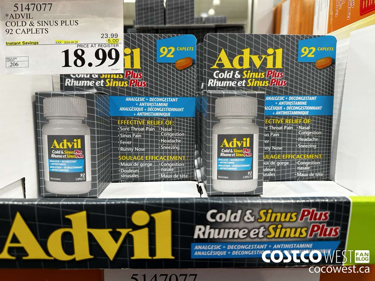 5147077 ADVIL COLD & SINUS PLUS 92 CAPLETS ($5.00 INSTANT SAVINGS EXPIRES ON 2024-09-29) $18.99