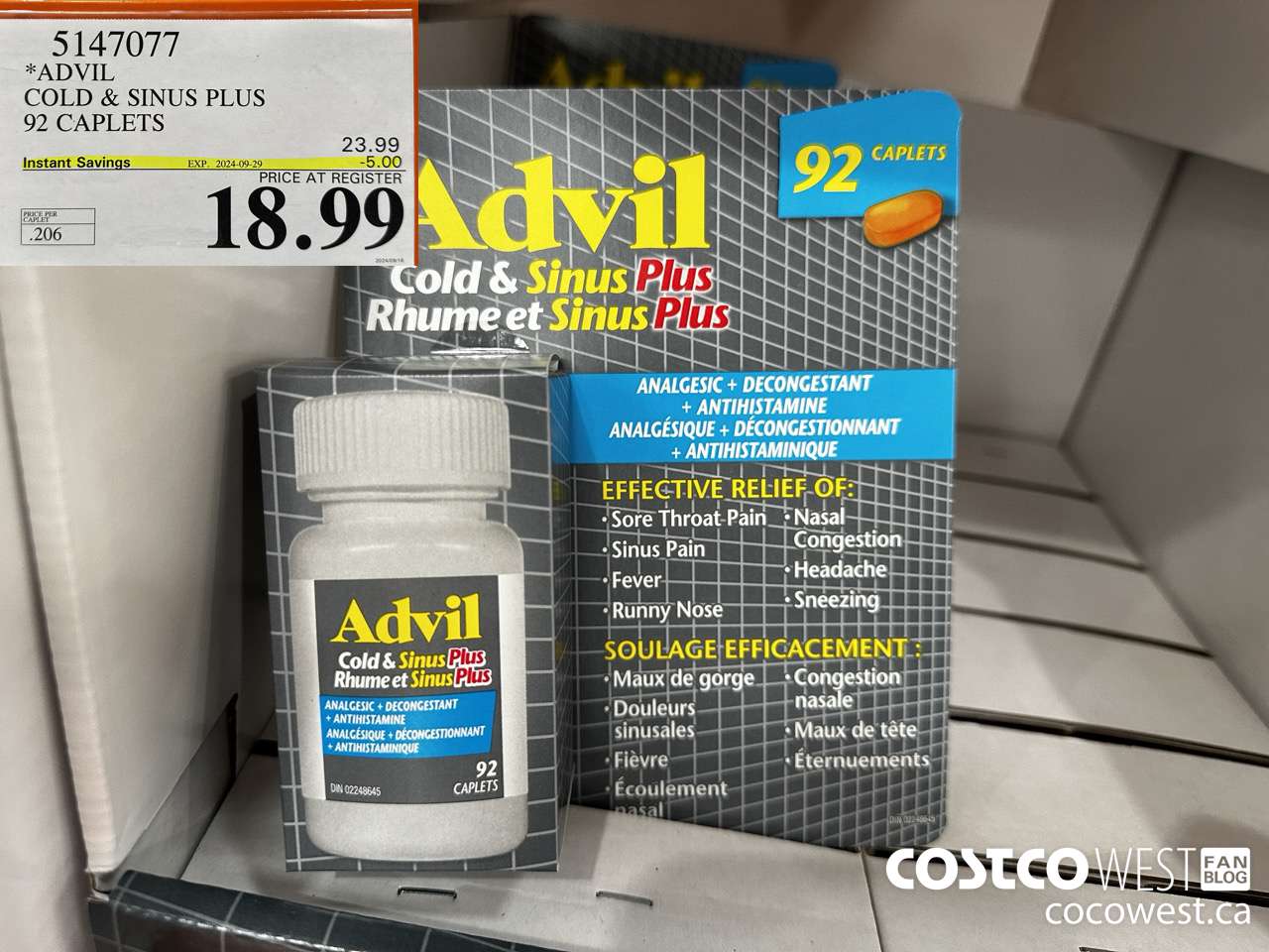 5147077 ADVIL COLD & SINUS PLUS 92 CAPLETS ($5.00 INSTANT SAVINGS EXPIRES ON 2024-09-29) $18.99