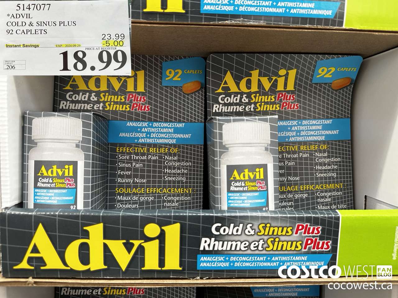 5147077 ADVIL COLD & SINUS PLUS 92 CAPLETS ($5.00 INSTANT SAVINGS EXPIRES ON 2024-09-29) $18.99