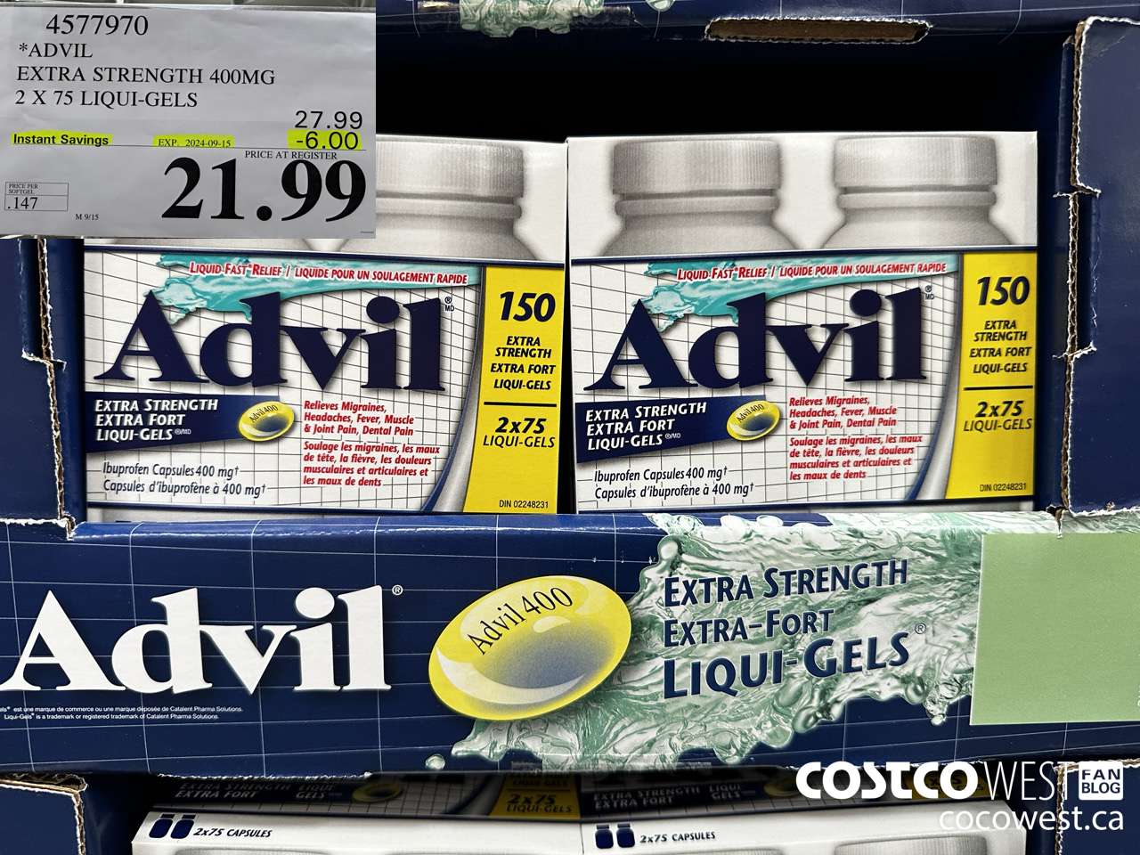 4577970 ADVIL EXTRA STRENGTH 400MG 2 X 75 LIQUI-GELS ($6.00 INSTANT SAVINGS EXPIRES ON 2024-09-15) $21.99