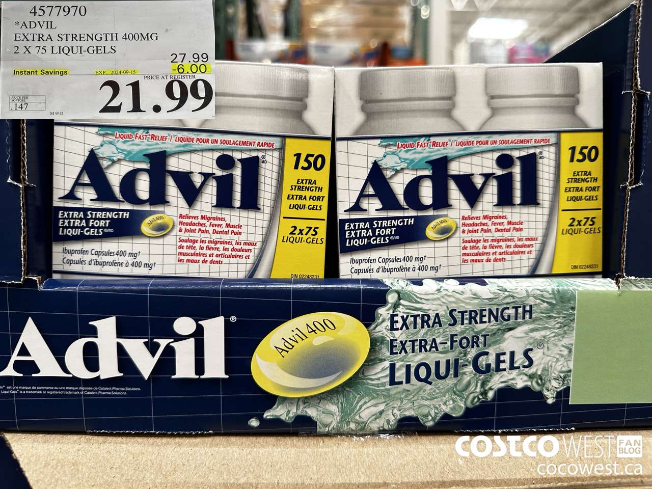 4577970 ADVIL EXTRA STRENGTH 400MG 2 X 75 LIQUI-GELS ($6.00 INSTANT SAVINGS EXPIRES ON 2024-09-15) $21.99
