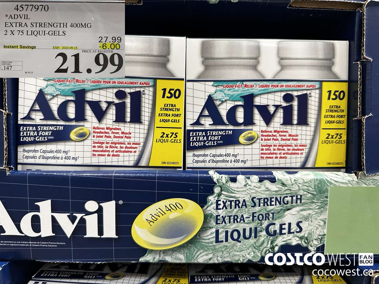 4577970 ADVIL EXTRA STRENGTH 400MG 2 X 75 LIQUI-GELS ($6.00 INSTANT SAVINGS EXPIRES ON 2024-09-15) $21.99