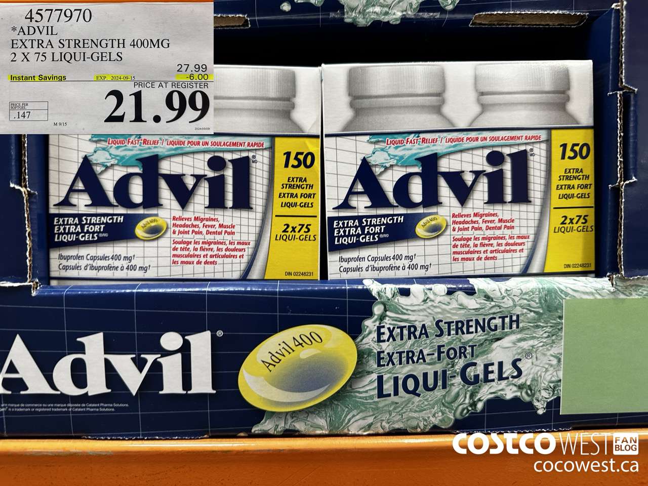 4577970 ADVIL EXTRA STRENGTH 400MG 2 X 75 LIQUI-GELS ($6.00 INSTANT SAVINGS EXPIRES ON 2024-09-15) $21.99