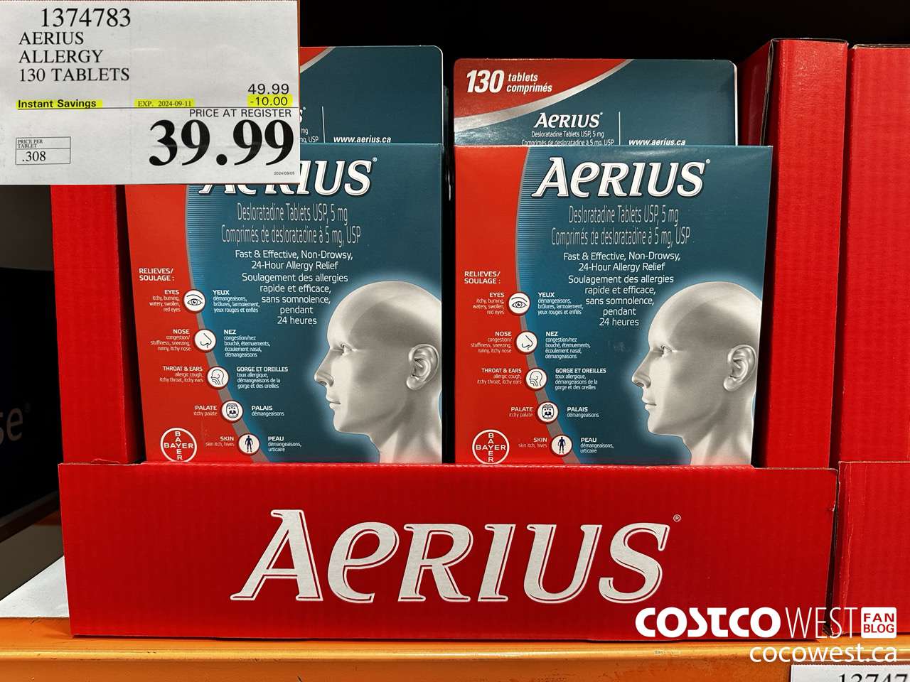 1374783 AERIUS ALLERGY 130 TABLETS ($10.00 INSTANT SAVINGS EXPIRES ON 2024-09-11) $39.99