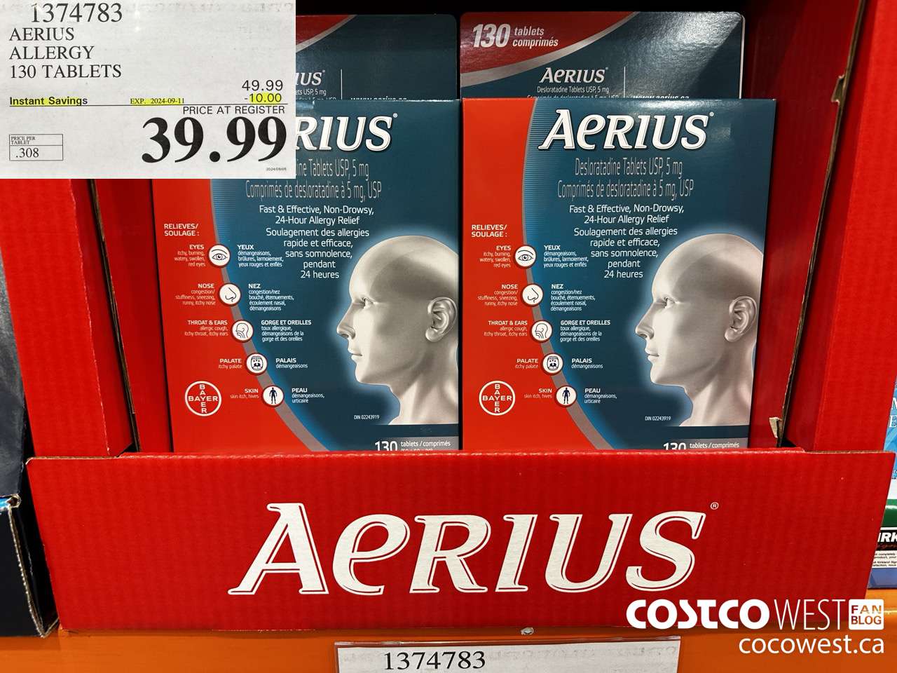 1374783 AERIUS ALLERGY 130 TABLETS ($10.00 INSTANT SAVINGS EXPIRES ON 2024-09-11) $39.99